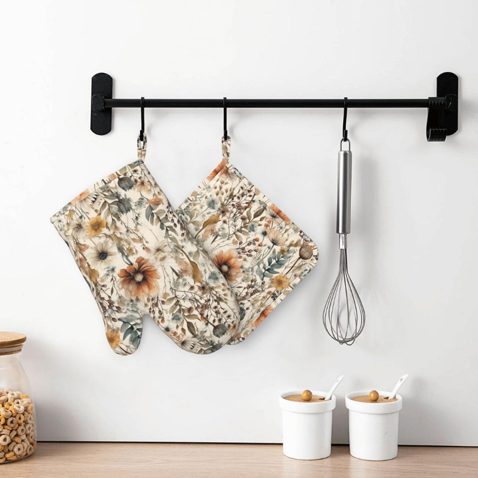Lot de 4 maniques et maniques style bohème à motif floral aquarelle vintage résistant à la chaleur pour cuisine, pâtisserie, grillades, barbecue