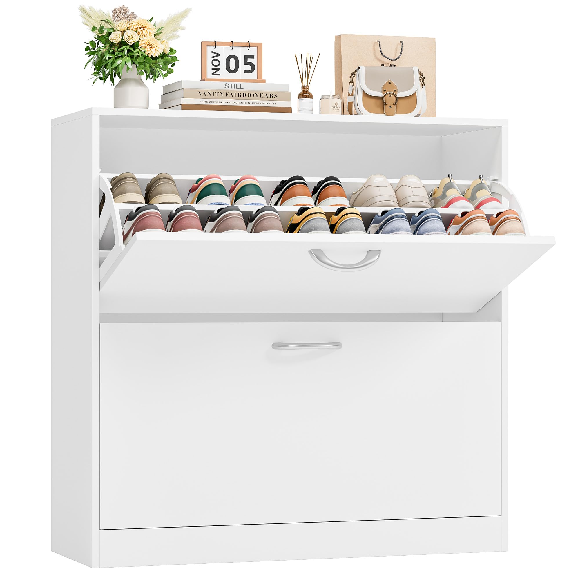 FirFurd Scarpiera Portascarpe,Scarpiera Slim Salvaspazio con 2 Ante a Ribalta,Divisore Regolabile e Rimovibile,per 12 Paia di Scarpe 80x23.5x80cm Bianco