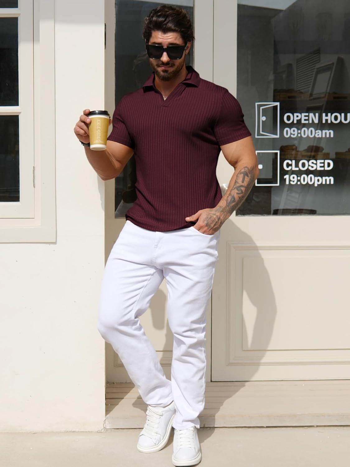 YTD Men's Muscle V Neck Polo Shirts Slim Fit Solid Short Sleeve Golf T-Shirts Ribbed Knit Soft Tees - Image 4