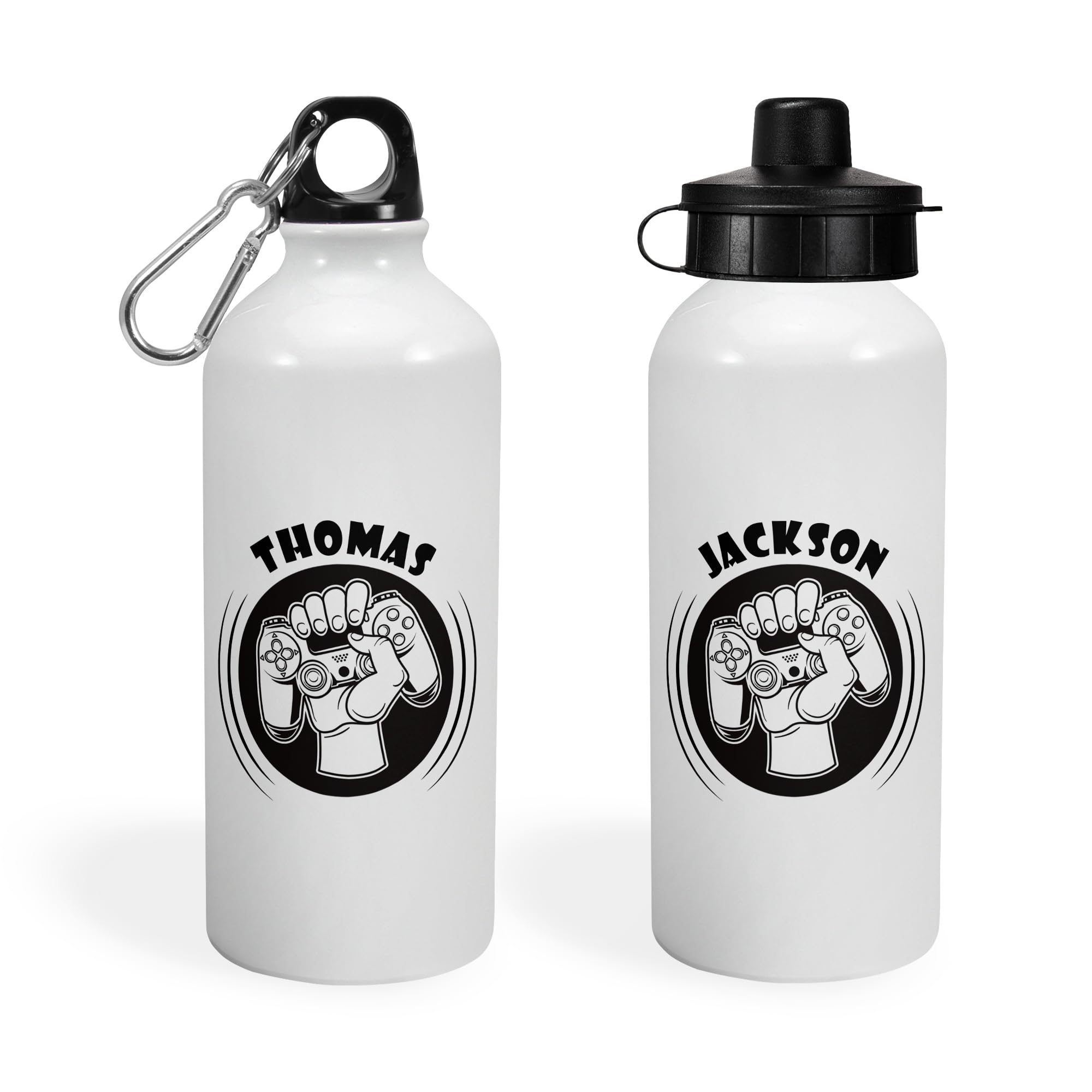 Print Maniacs Personalised Water Bottle School Sport Cap Drink White Silver 600ml or 400ml Aluminium Kid Boys Girls Biking Gift Gaming (White, 400ml)