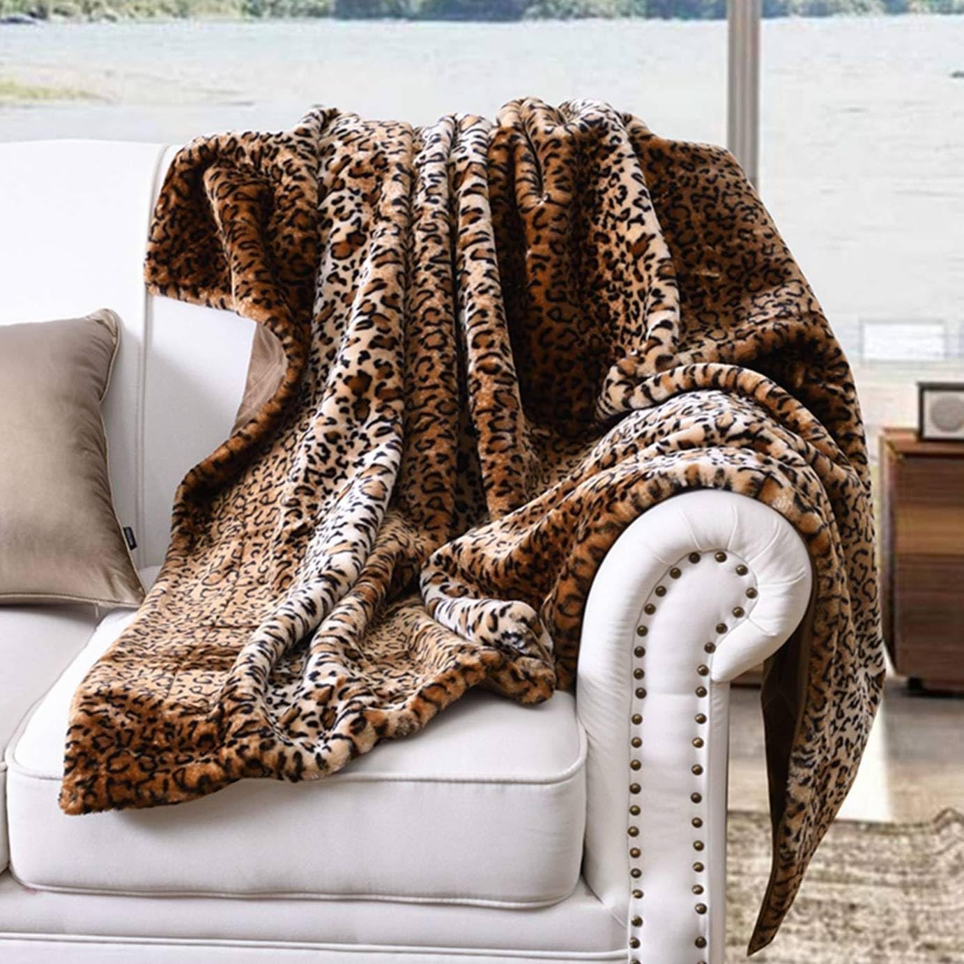 Faux Fur Throw Blanket Leopard Bed Blanket 50"x70" Super Soft Warm Reversible with Flannel Fleece Fuzzy Printed Blanket
