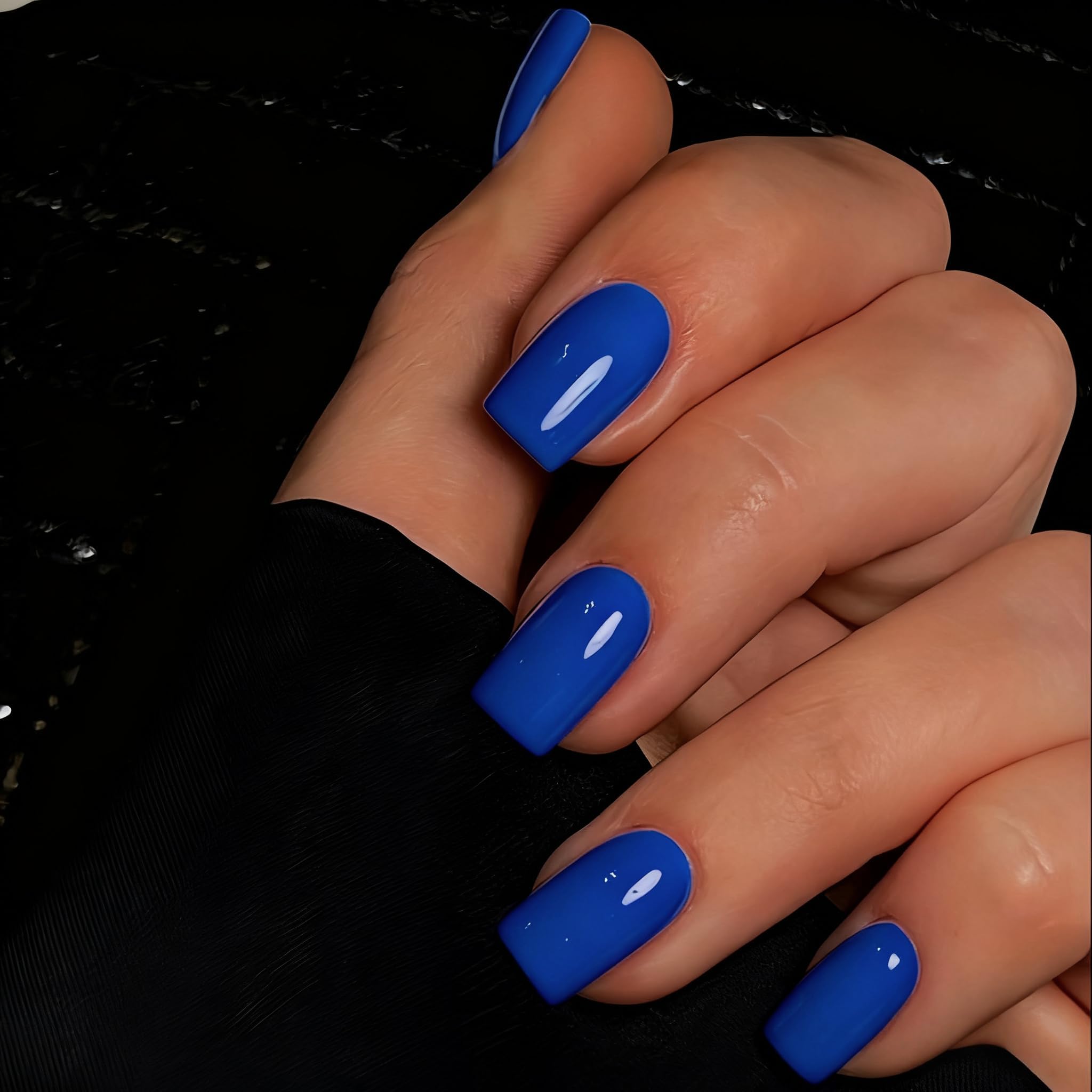 KQueenest 30 PCS Dark Blue Press on Nails Short Medium Square Fake Nails Acrylic,Salon Colored Gel Glue on Nails,Thick Short Coffin False Nails Set,Varied Sizes for Women Daily Wear