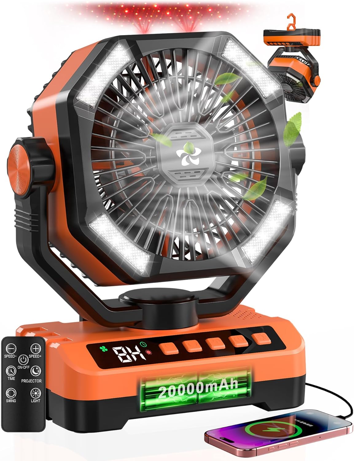 Camping Fan Battery Powered Fan - Rechargeable with Starlight, 20000mAh Battery Operated Outdoor 5 Speed Desk Fans with LED,Hook,Remote Control, Timer,Personal Fans for Tent, Power Outage, Fishing