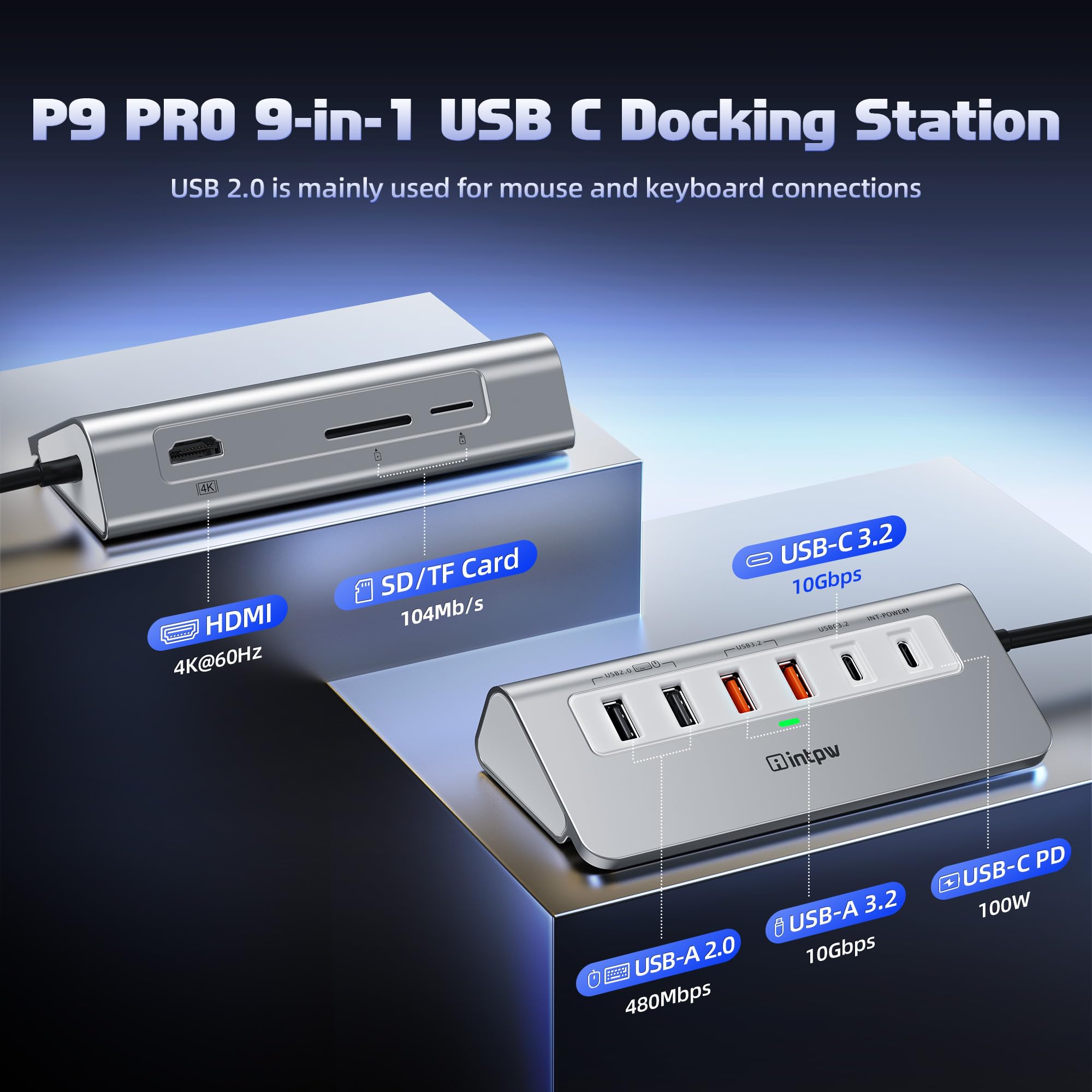 Hub USB-C 9 In 1 P9 PRO – 4K@60Hz HDMI, 10 Gbps Dati, PD 100W, SD/TF, Alluminio – Per MacBook, IPhone 15/16 E PC
