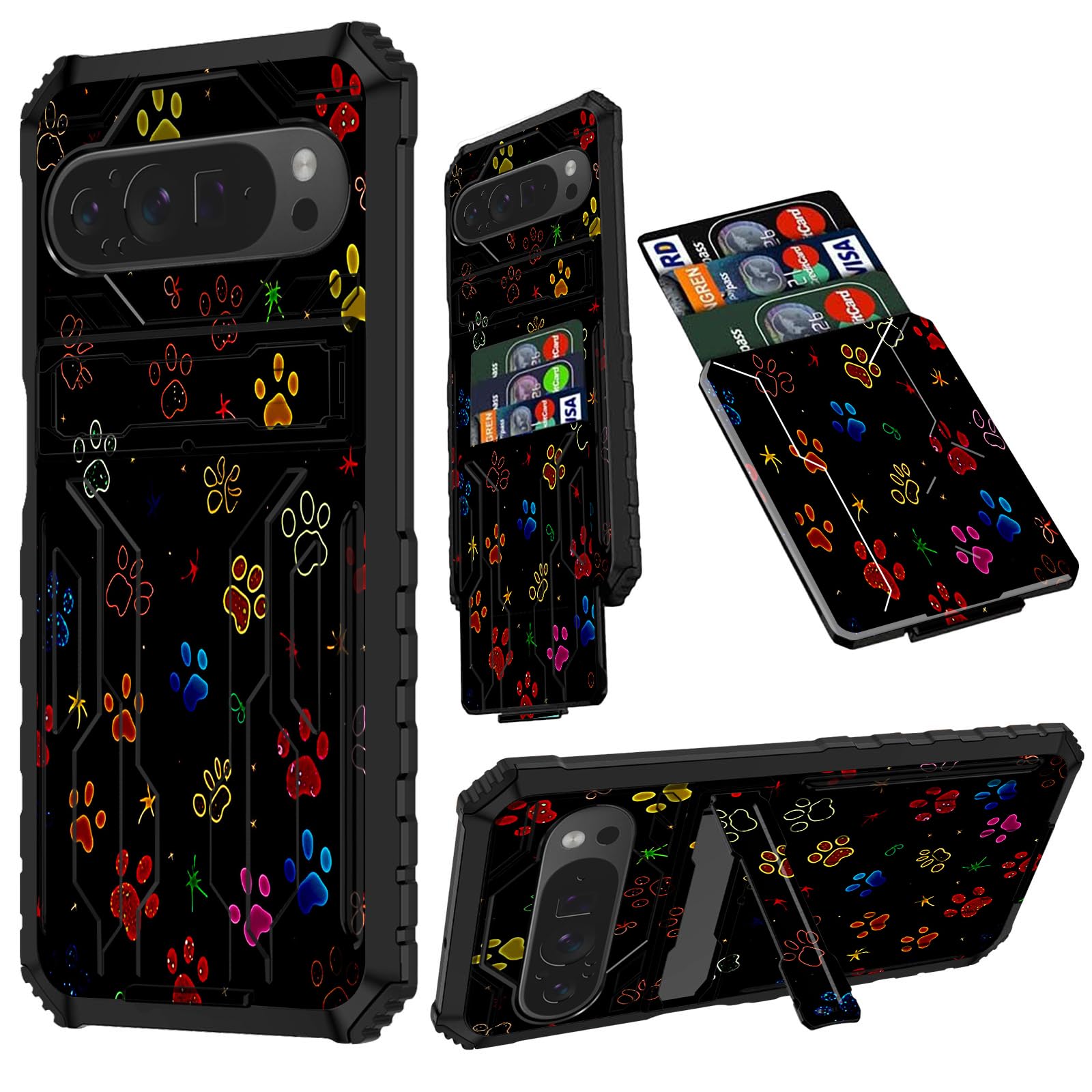 for Google Pixel 9 Pro XL Wallet Case,Google Pixel 9 Pro XL Kickstand Case, Military Grade Heavy-Duty Drop Protection with Slide Detachable Card Holder Pixel 9 Pro XL，Colorful Dog Paw Prints