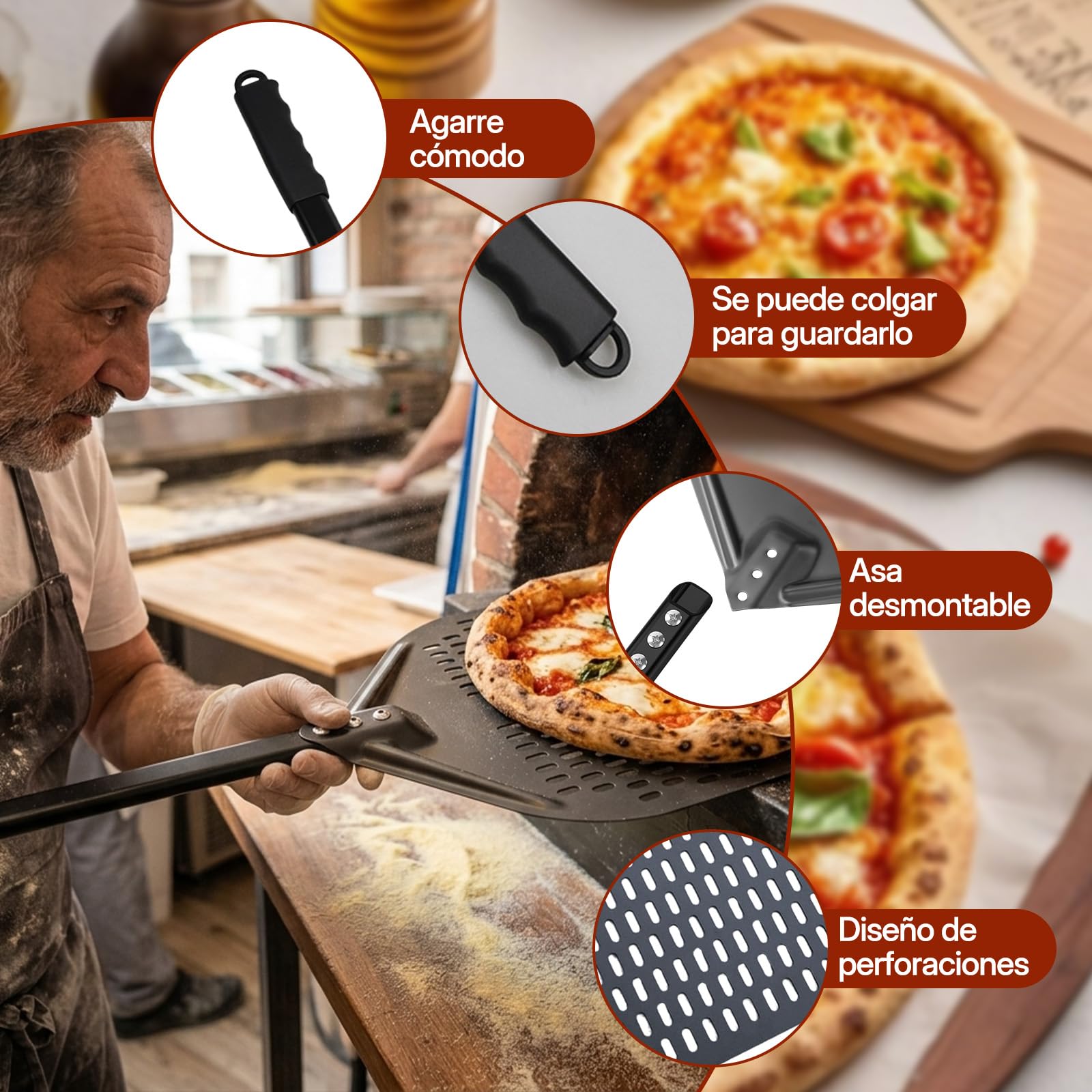 Pala Pizza de Aluminio, Pala para Pizza de 12 Pulgadas Y 7 Pulgadas, Asa Desmontable, EspáTula Para Pizzas con Cuchillo para Pizza