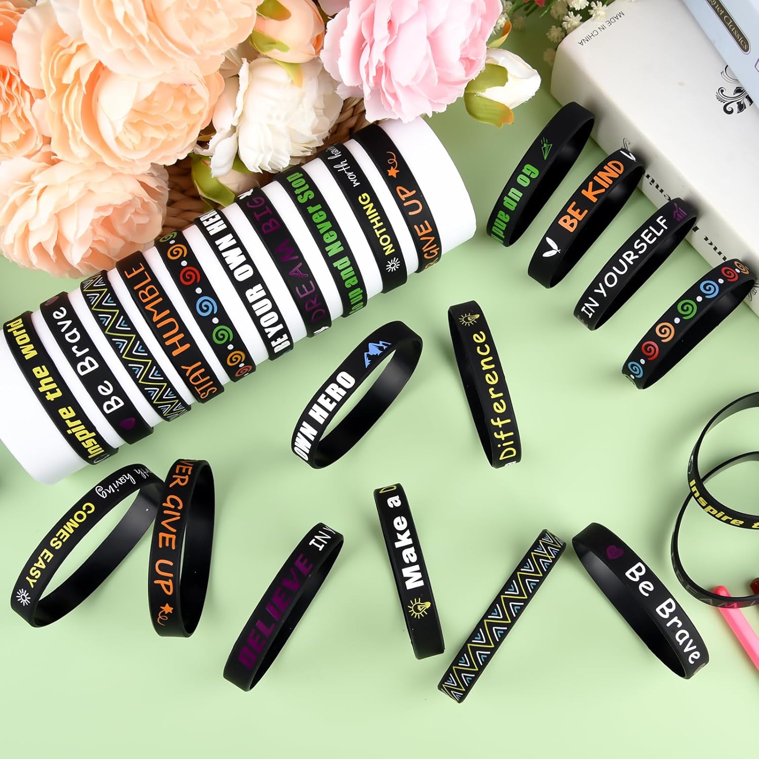 CHRORINE 24 Pieces Motivational Silicone Wristbands Inspirational Quote Rubber Bracelets Unisex for School Office Home Party Favor Gifts Supplies 12 Designs - Image 3