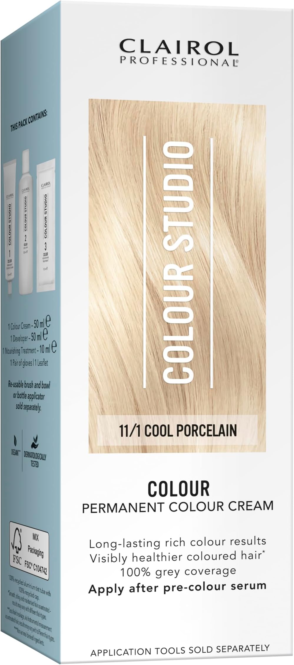 Colour Studio Permanent Colour Cream | Hair Dye | Long-lasting Rich Tones | 100% Grey Coverage | Dermatologically Tested Vegan Formula | Hair Colouring Kit | Cool Porcelain 11/1 I 50ml