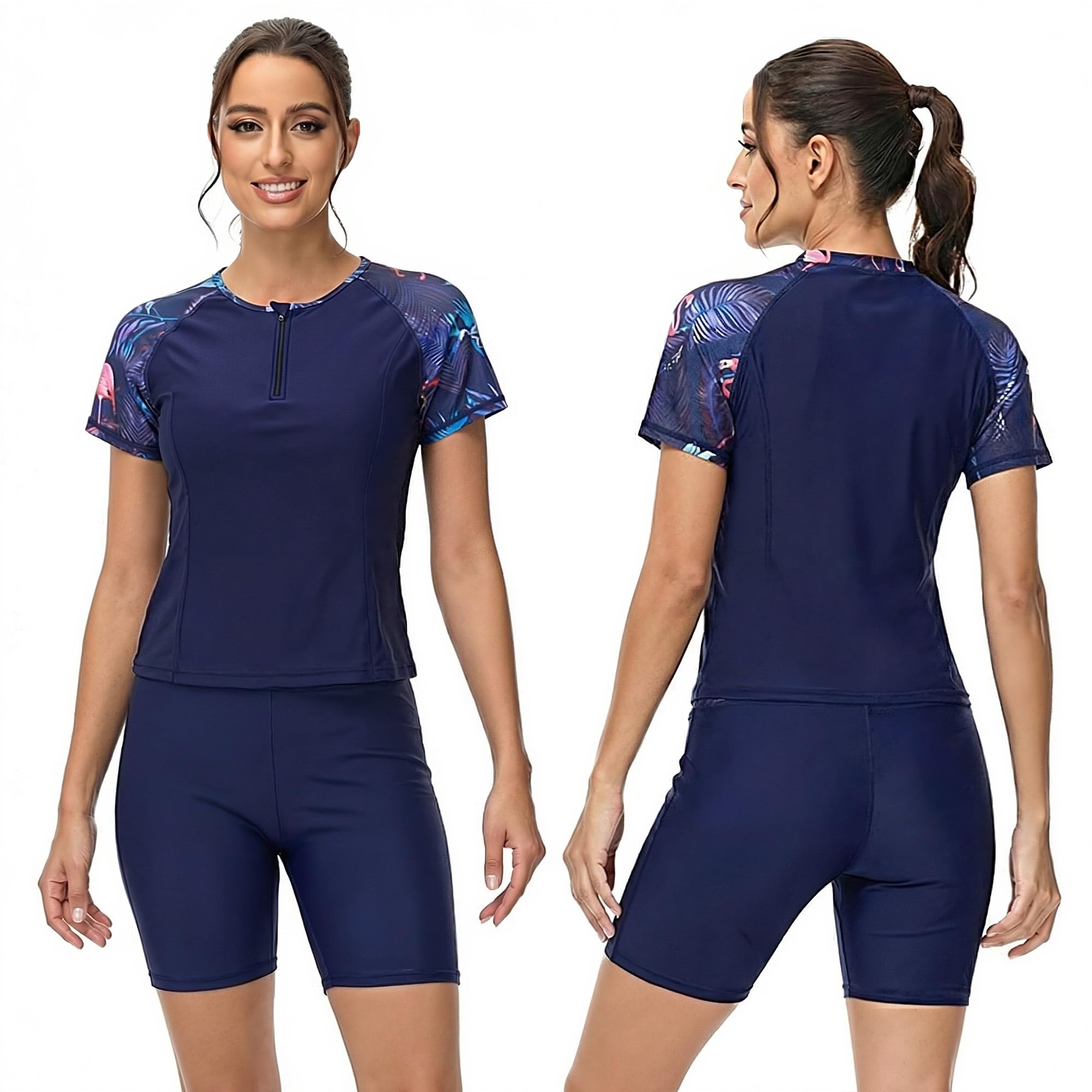 Owntop Rashguard UV Ensemble 3 pièces pour femme – Maillot de bain à manches courtes avec débardeur et maillot de bain, maillot de bain à séchage rapide avec protection UV pour la plage, la natation