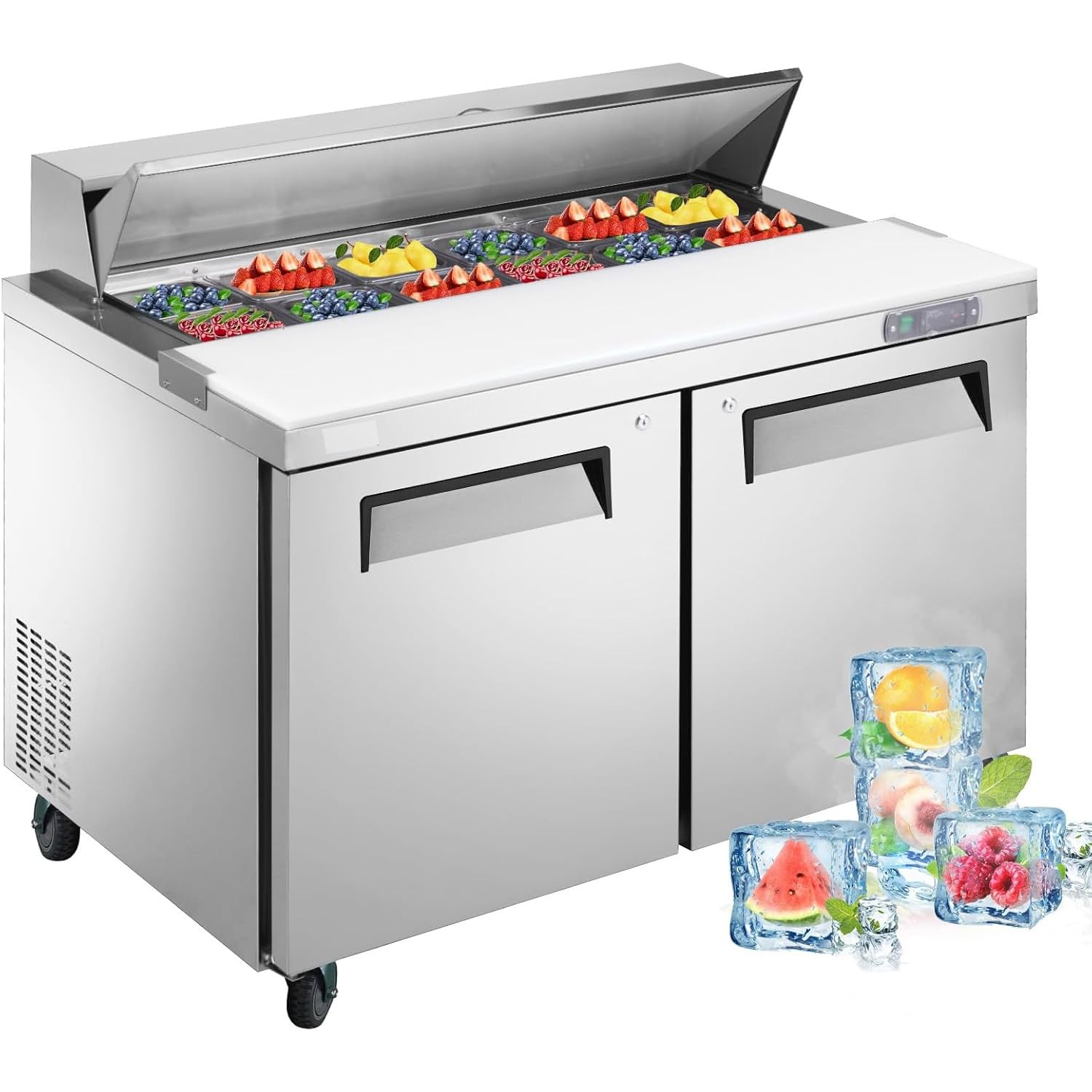 48" W 2 Door Refrigerator Sandwich Salad Prep Table Commercial Stainless Steel Fan Cooling Refrigerator with Cutting Board, 2 Shelves & 12 Pans For Restaurant, Shop - 12.9 Cu.Ft