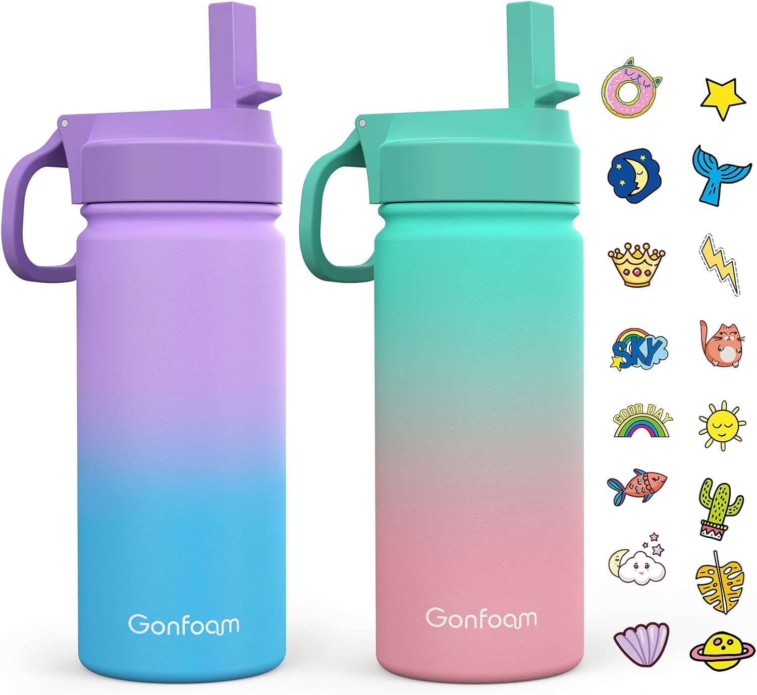 Kids Water Bottle, 2-Pack 16oz Water Bottles with Stickers and Straw, Stainless Steel Vacuum Insulated cup, Kids Water Bottle for School, Gifts for Boys and Girls(Purple/Green)