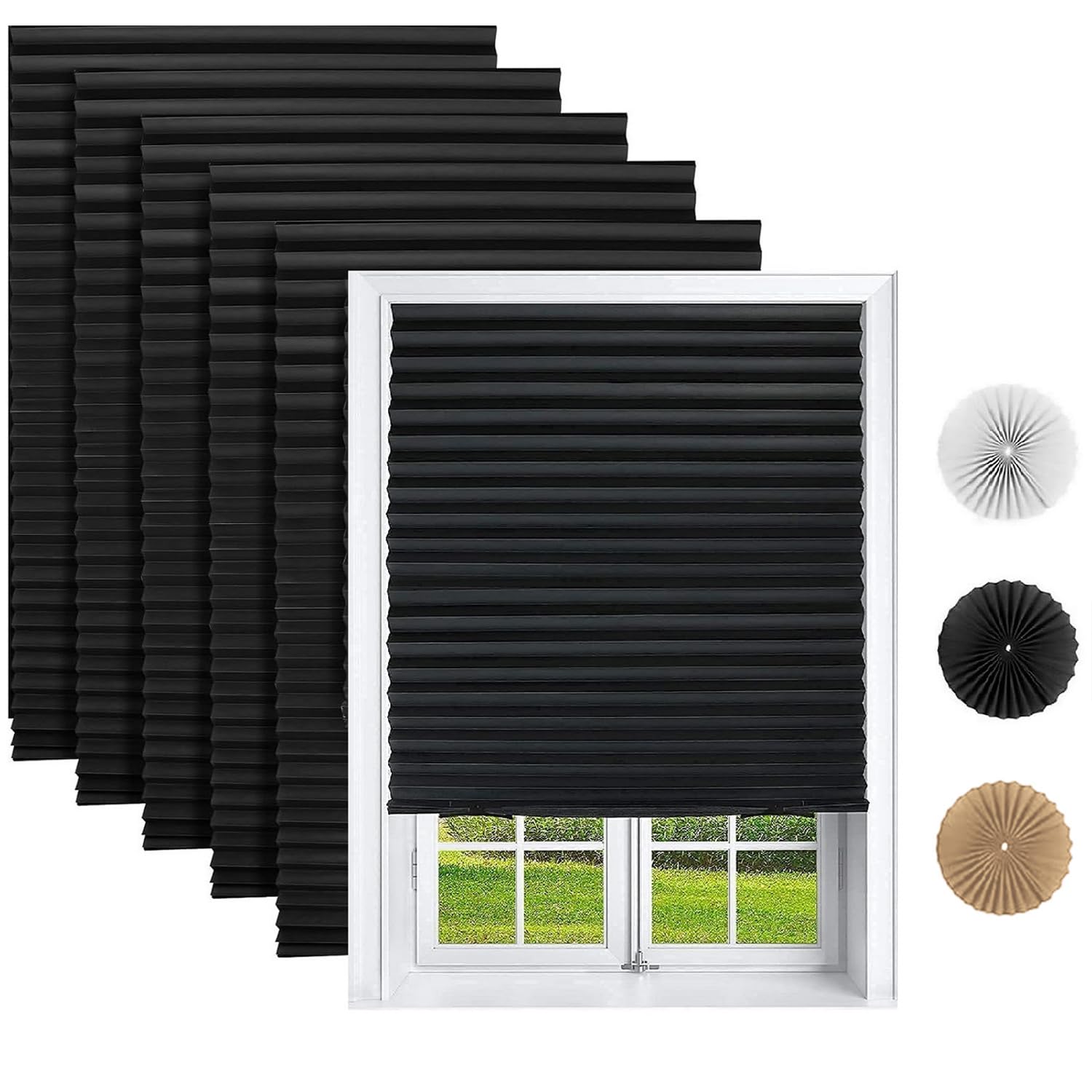 Changshade 6 Pack Temporary Window Blinds, Cut to Size Pleated Paper Shades for Indoor Windows, Stick On Self Adhesive Window Shades with 12 Clips, No Drill and Easy to Install, 36" W x 72" H, Black