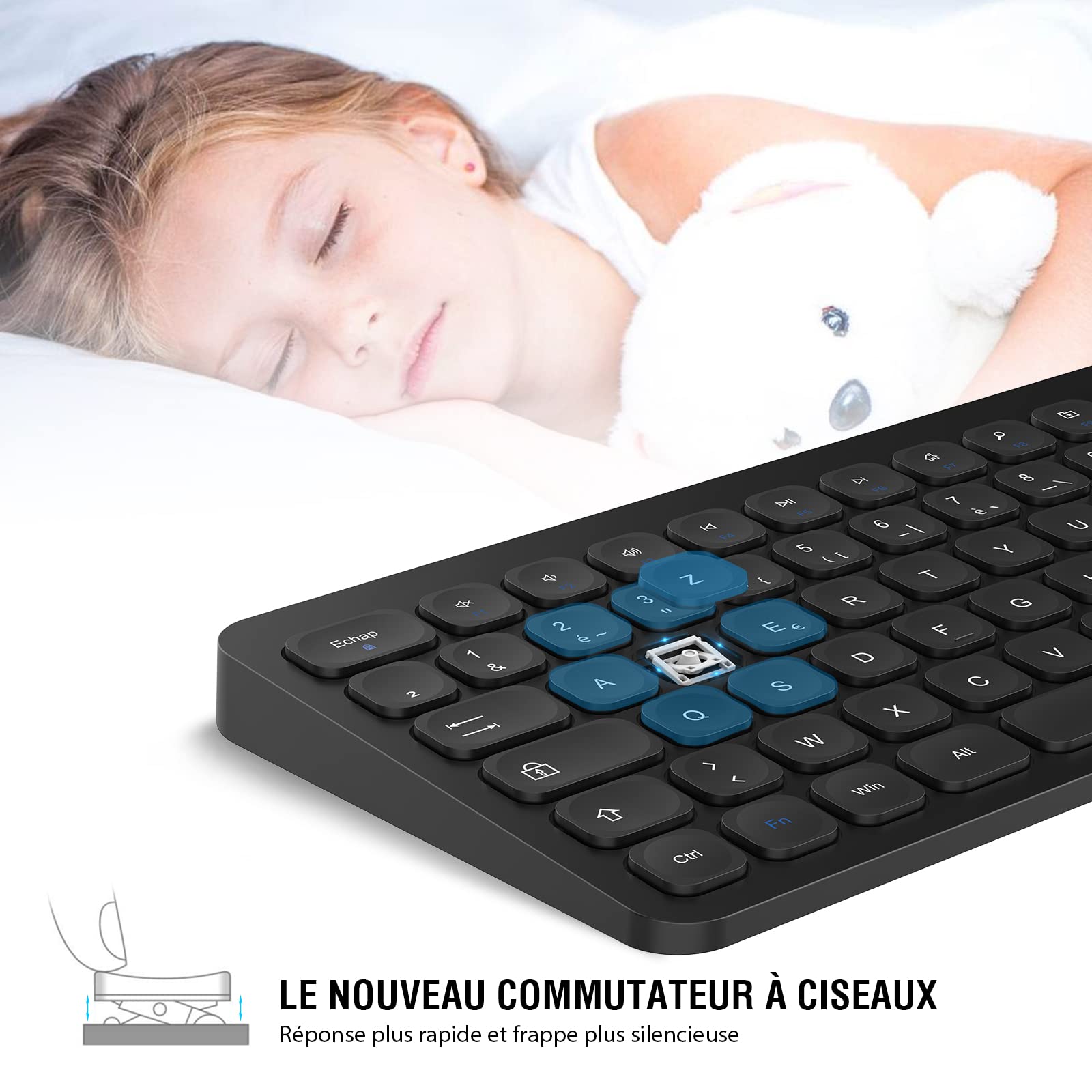 Ensemble Clavier et Souris sans Fil, PINKCAT Claiver AZERTY Français, Pack Clavier et Souris, Set Silencieux avec Récepteur Nano USB 2.4GHz, Compatible avec Windows/MacOS, Windows PC Laptop - Noir