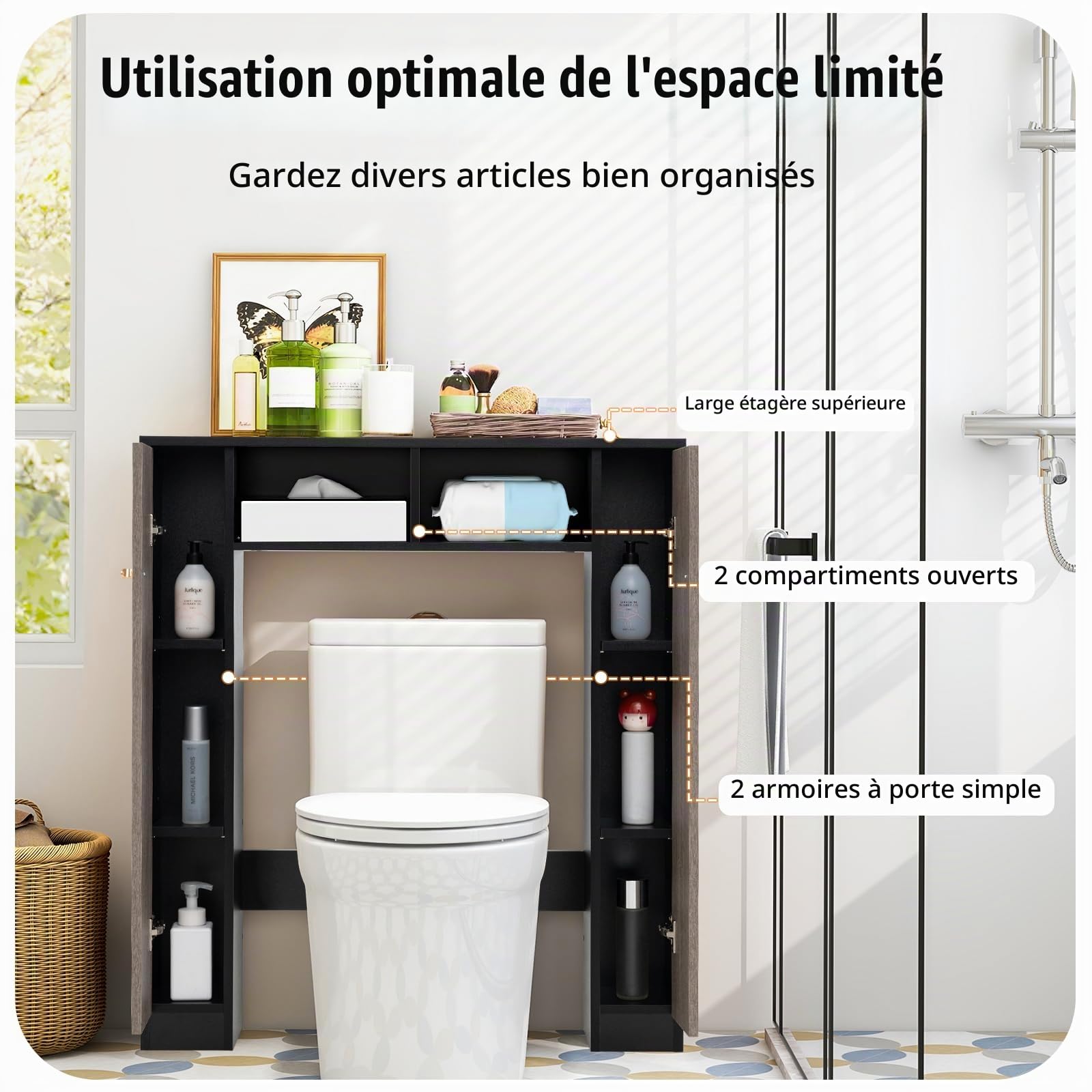 LIFEZEAL Meuble de Salle de Bain sur WC, Étagère sur WC avec 2 Compartiments Ouverts, Meuble pour Machine à Laver en Bois, 87,5 x 18 x 98 cm, Stable et Moderne (Noir)