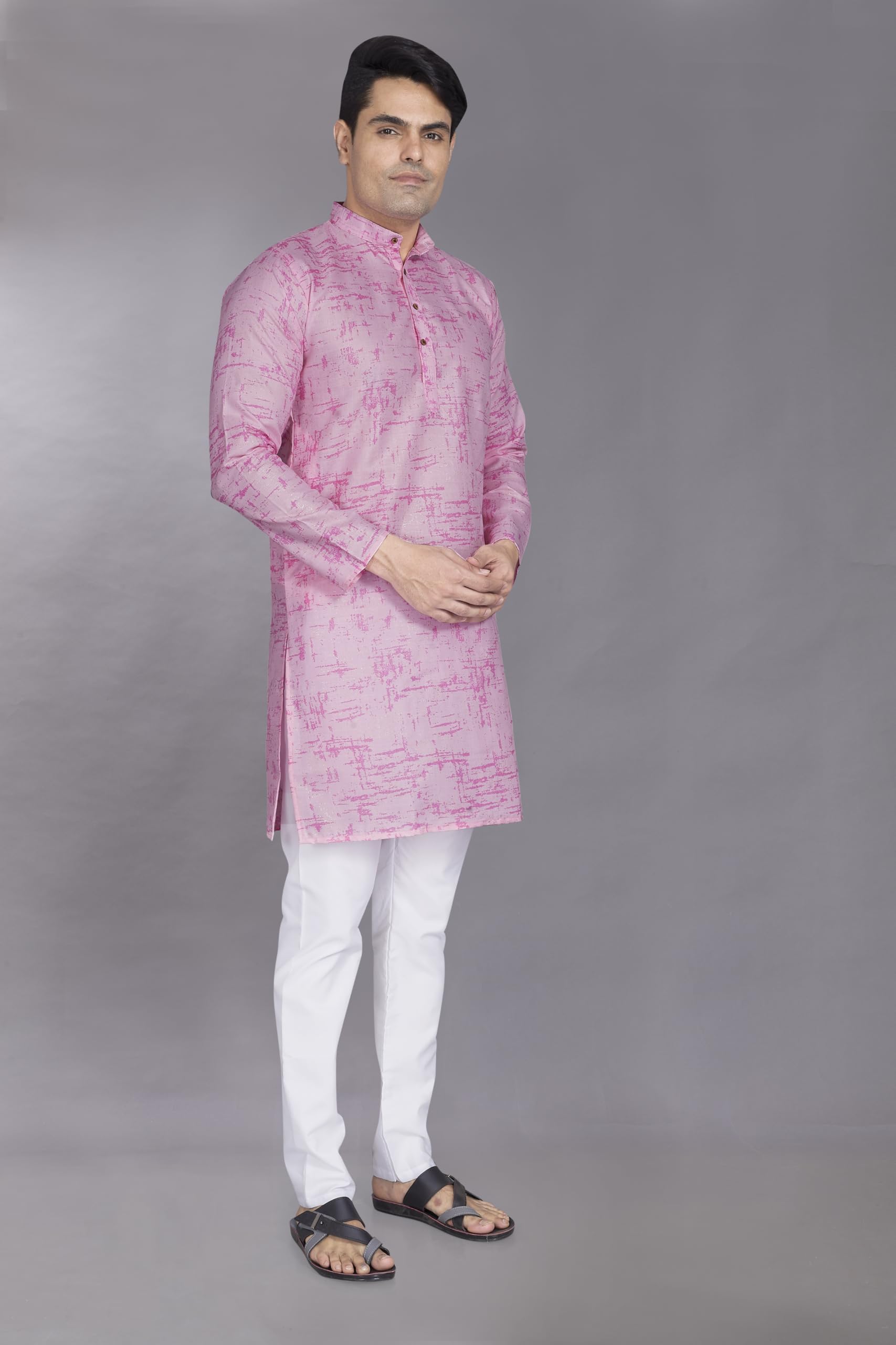 Divisive Men's Printed Cotton Blend Linen Slim Fit Kurta Pyjama Set (Dkrt871_Xl_Pink)