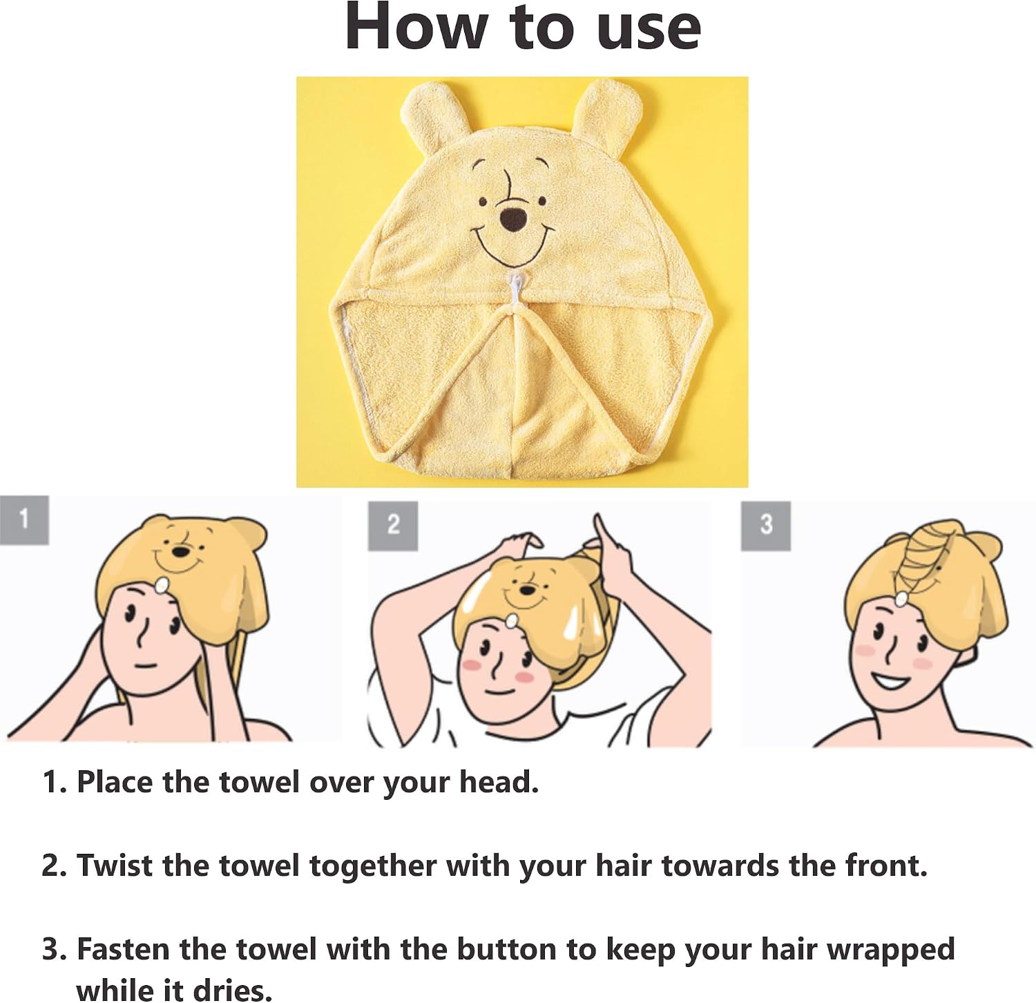 Bear-Pooh Microfiber Hooded Hair Towel Wrap for Women - Quick Dry Hair Turban for Wet Hair - Soft, Wearable Hair Drying Towels - Button Closure for Secure Fit - Perfect for Baths or Showers