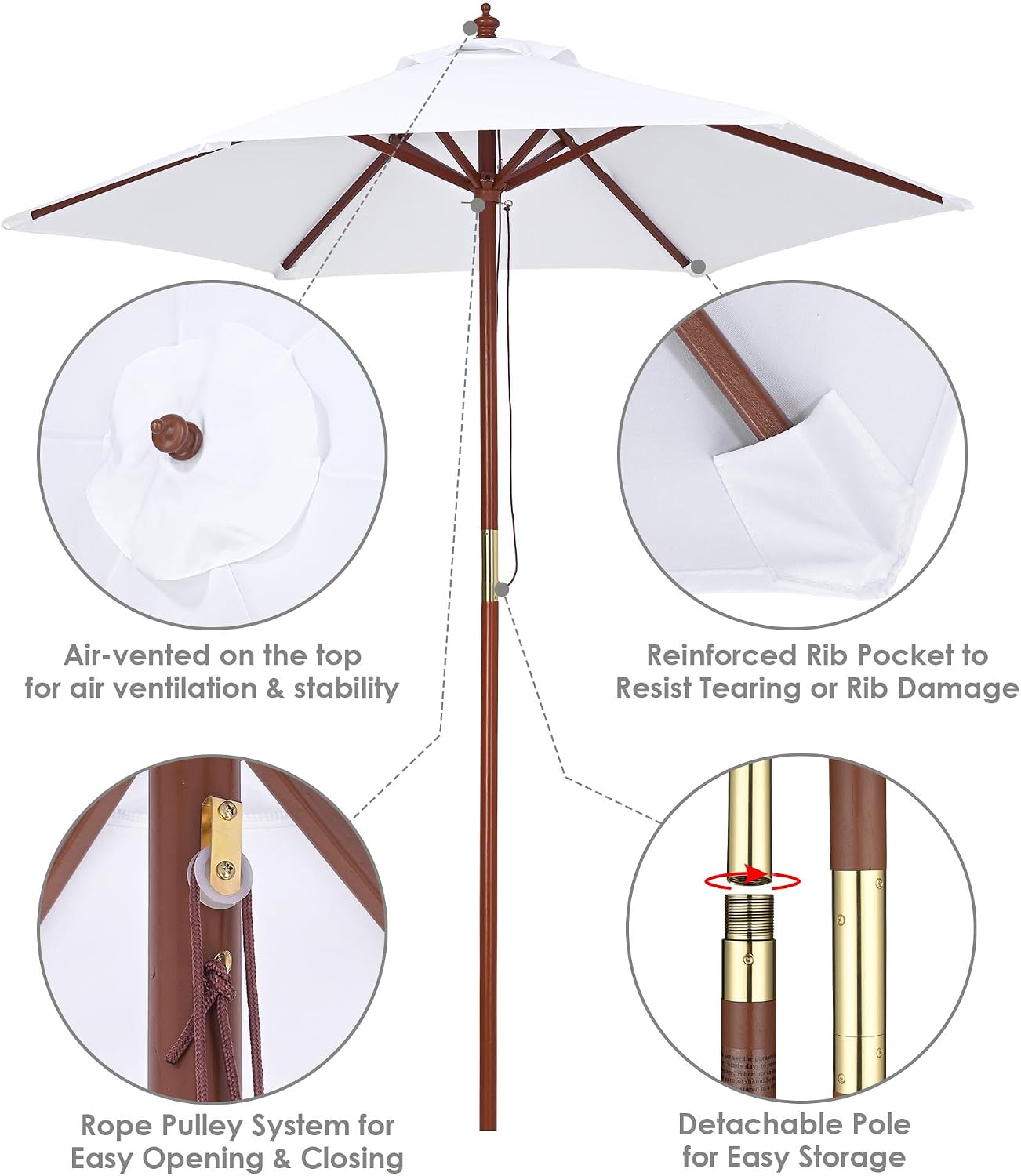 Yescom Compact 7ft Coastal Solid Wood Market Umbrella Windproof Weather-resistant Commercial Retro Stand Included for Sidewalk Cafe Restaurant Space-Saving