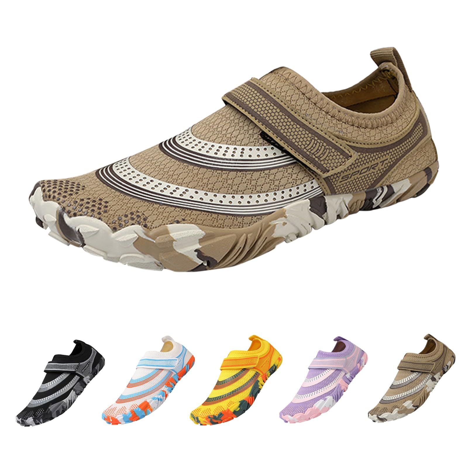 Męskie buty do wody na bose stopy, szybkoschnące skarpety do wody, lekkie buty do pływania z paskiem, na plażę, basen, surfowanie i kajak, Khaki, 40 EU