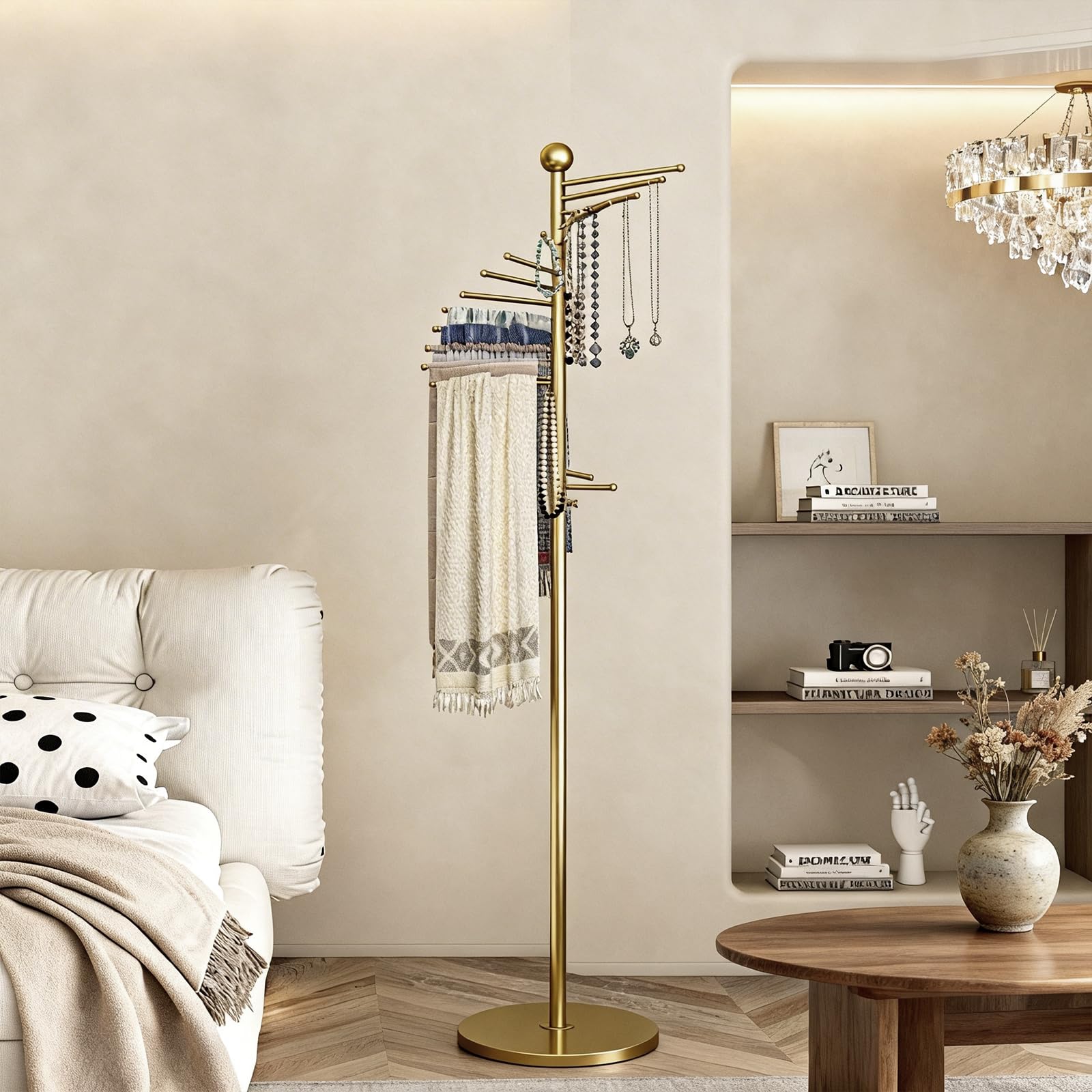 Schalhalter für Schals Krawatten, 150/170 cm Höhe Einstellbar, Schalaufhänger Freistehend mit 22 Kleiderstangen,Metall Spiralschalhalter Hängeorganizer für Schals Krawatten Gürtel (Gold)