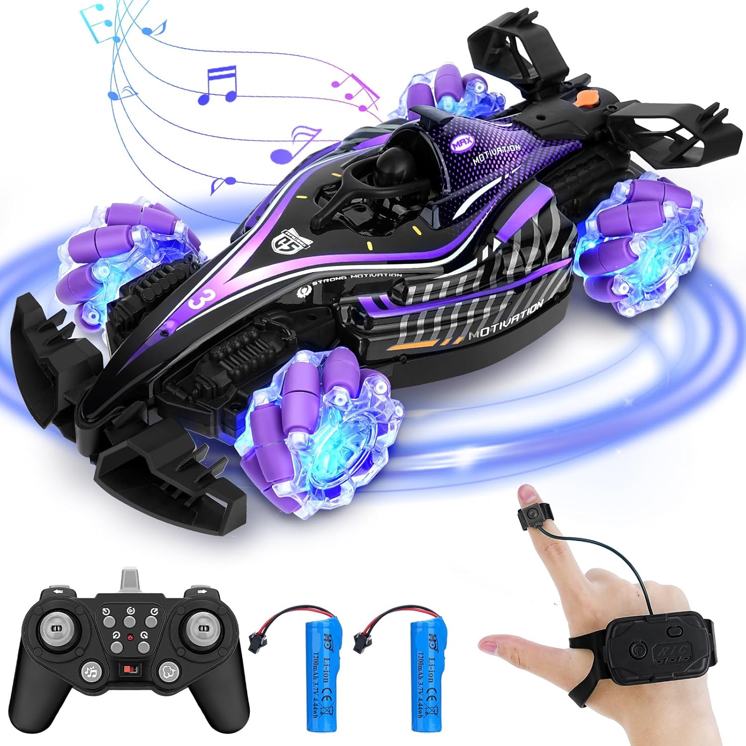 WIOR Remote Control Car, Hand Gesture Sensing RC Stunt Car with Light Spray & Sound, 2.4Ghz 360° Rotation 4WD Drift Cars High Speed RC Race Cars, Electric Rechargeable for Teens and Adults