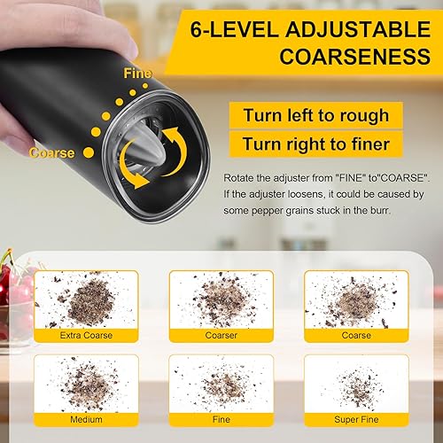 Miniatura 4 de Gravity - Molinillo eléctrico de sal y pimienta, molinillo de pimienta con batería automática, gran capacidad, grosor ajustable, acero inoxidable,