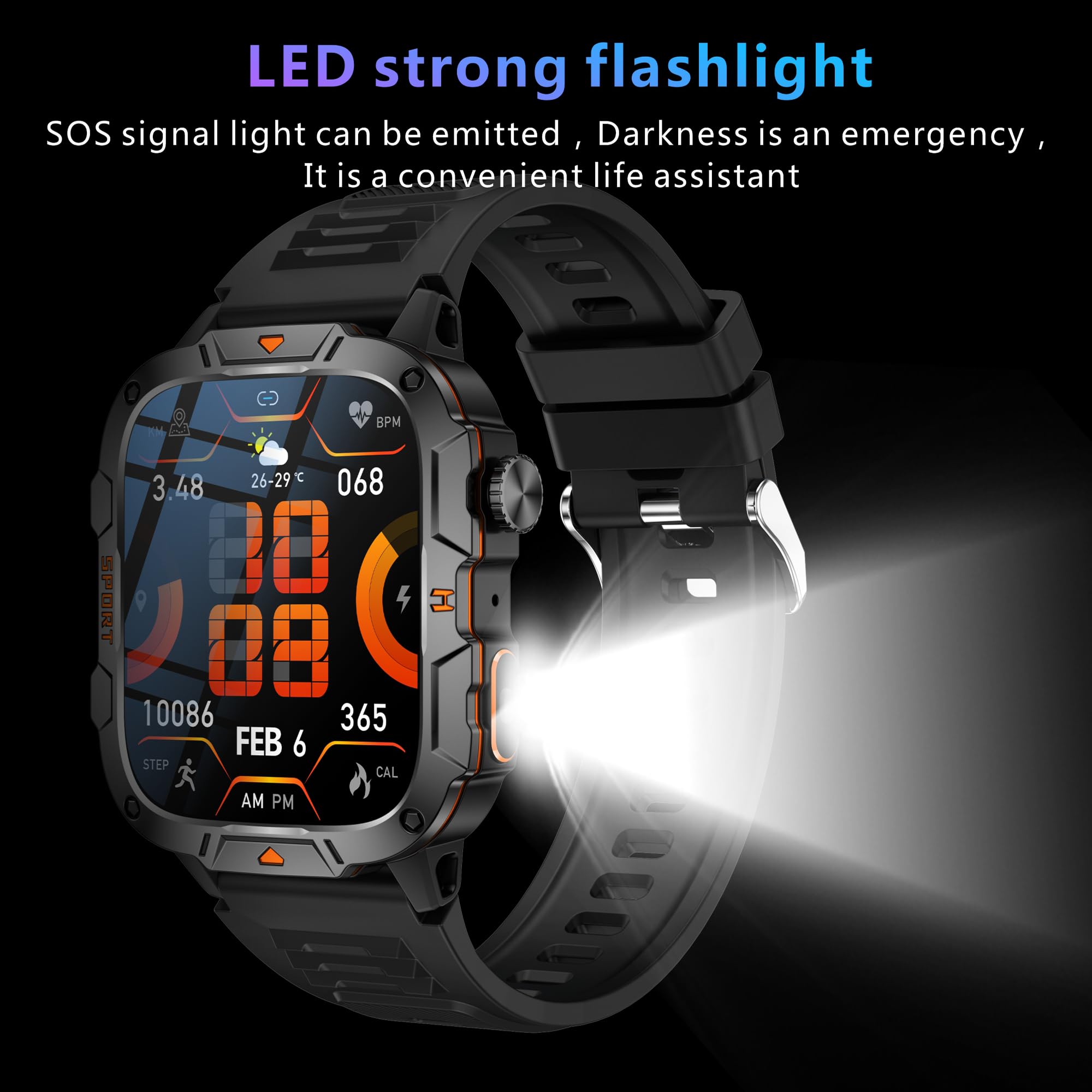 1,96" AMOLED Smartwatch Herren mit Telefonfunktion, Taschenlampe, Sportuhr mit Bluetooth Anrufe mit Schrittzähler, 5ATM Wasserdicht Smart Watch für iOS Android(2 Armbänder) (Orange)