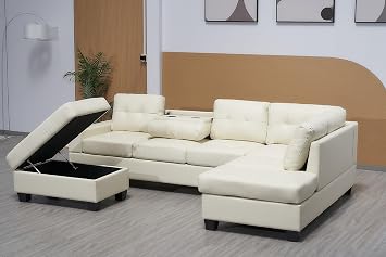 SofaHeaven Western Cream Bonded Leather Fabric Corner Sofa For Living Rooms- Cheap sofas and couches With DROP DOWN TABLE & CUP HOLDER And Ottoman-3020 (RIGHT HAND SIDE)