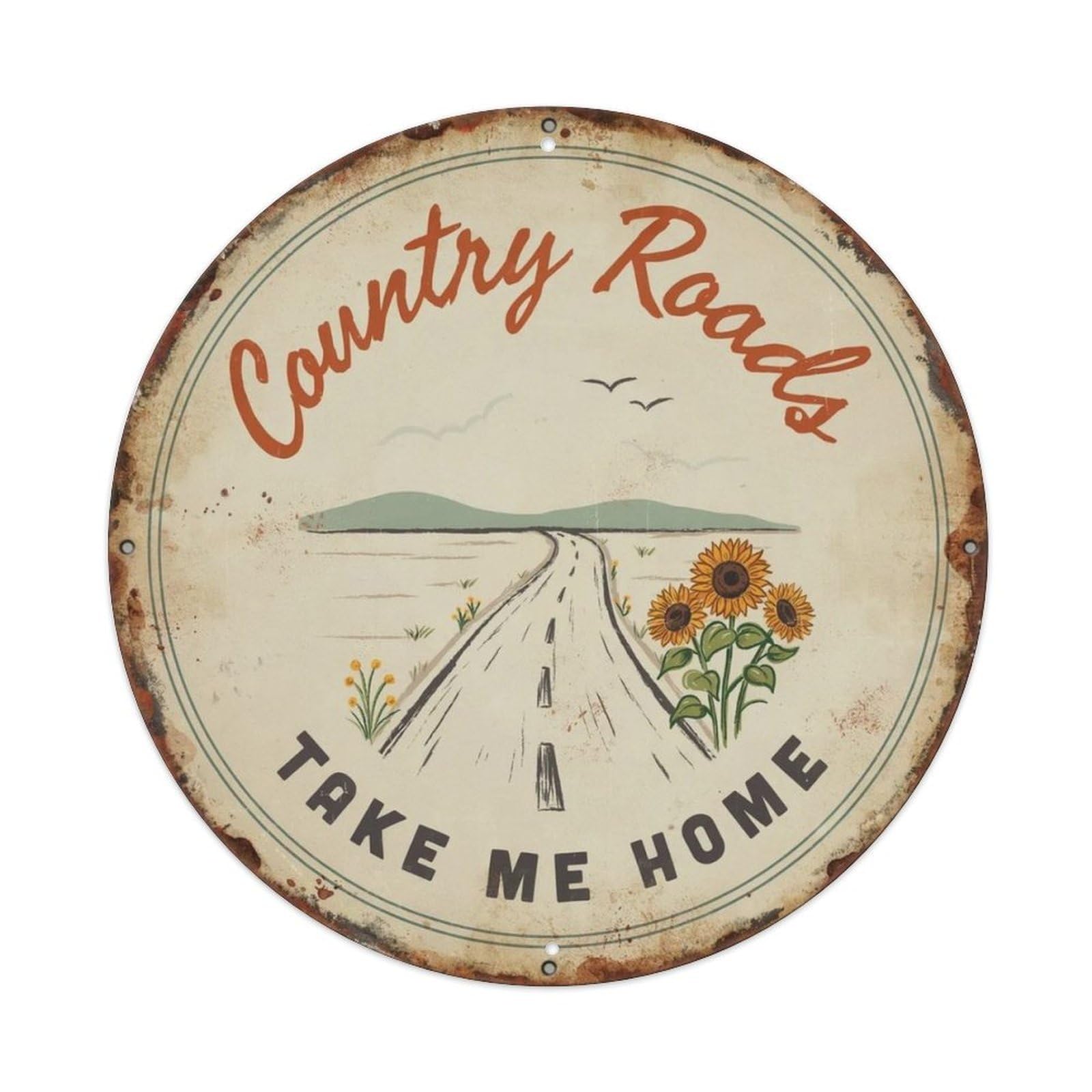 Country Roads Country Hand Drawn Metal Tin Sign Plaque