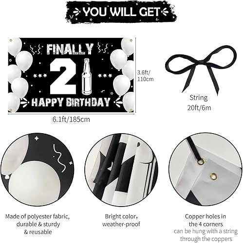 Miniatura 2 de Cartel de fondo de feliz cumpleaños 21, decoraciones de cumpleaños de 21 años para él y ella, negro y plateado, decoración de cumpleaños 21 para