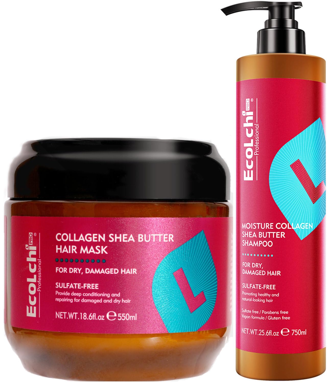 Collagen Shea Butter Hair Mask and Shampoo Set Natural Ingredient Collagen Deep Conditioning Hair Treatment Shampoo Set For Dry and Damaged All Hair Types 550+750ml