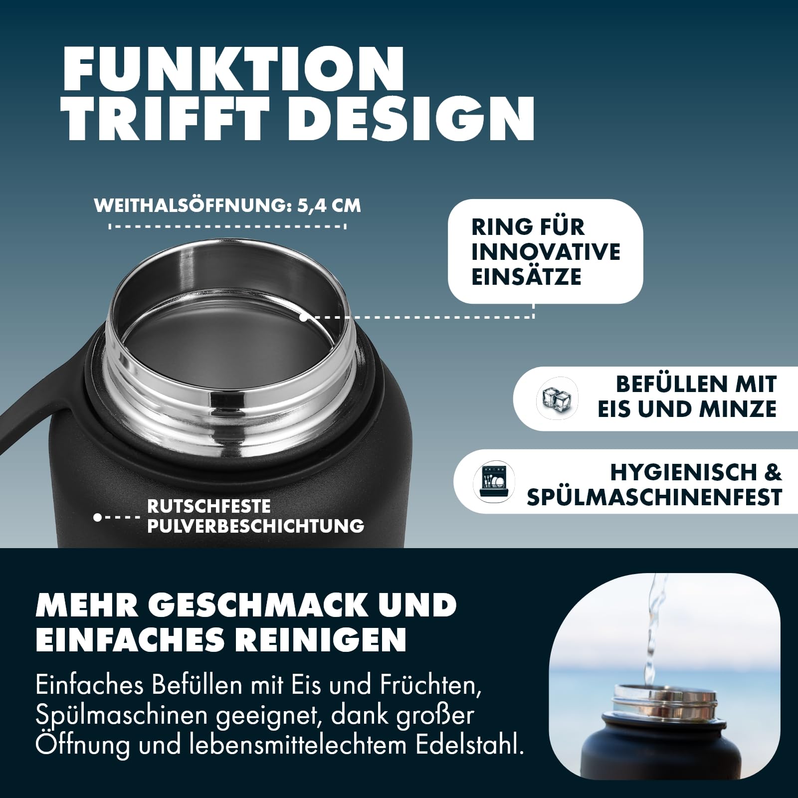 Trinkflasche isoliert mit Fruchteinsatz 1L, Isolierflasche Edelstahl, auslaufsicher, für Wasser mit Geschmack, Kohlensäure geeignet, spülmaschinenfest (Frucht Bundle Schwarz)