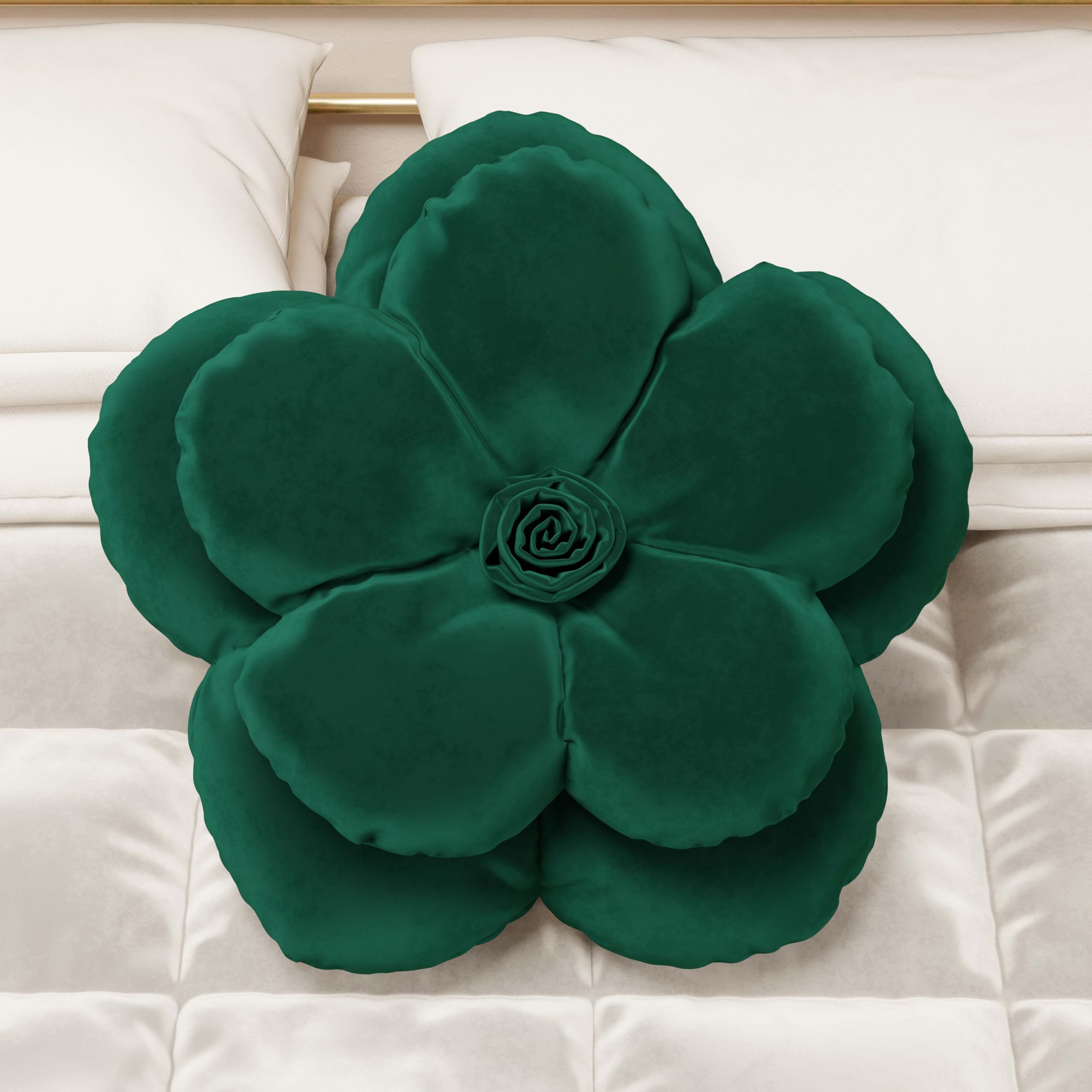 Coussin fleur en velours émeraude avec rembourrage intégré pour lit et lit bébé