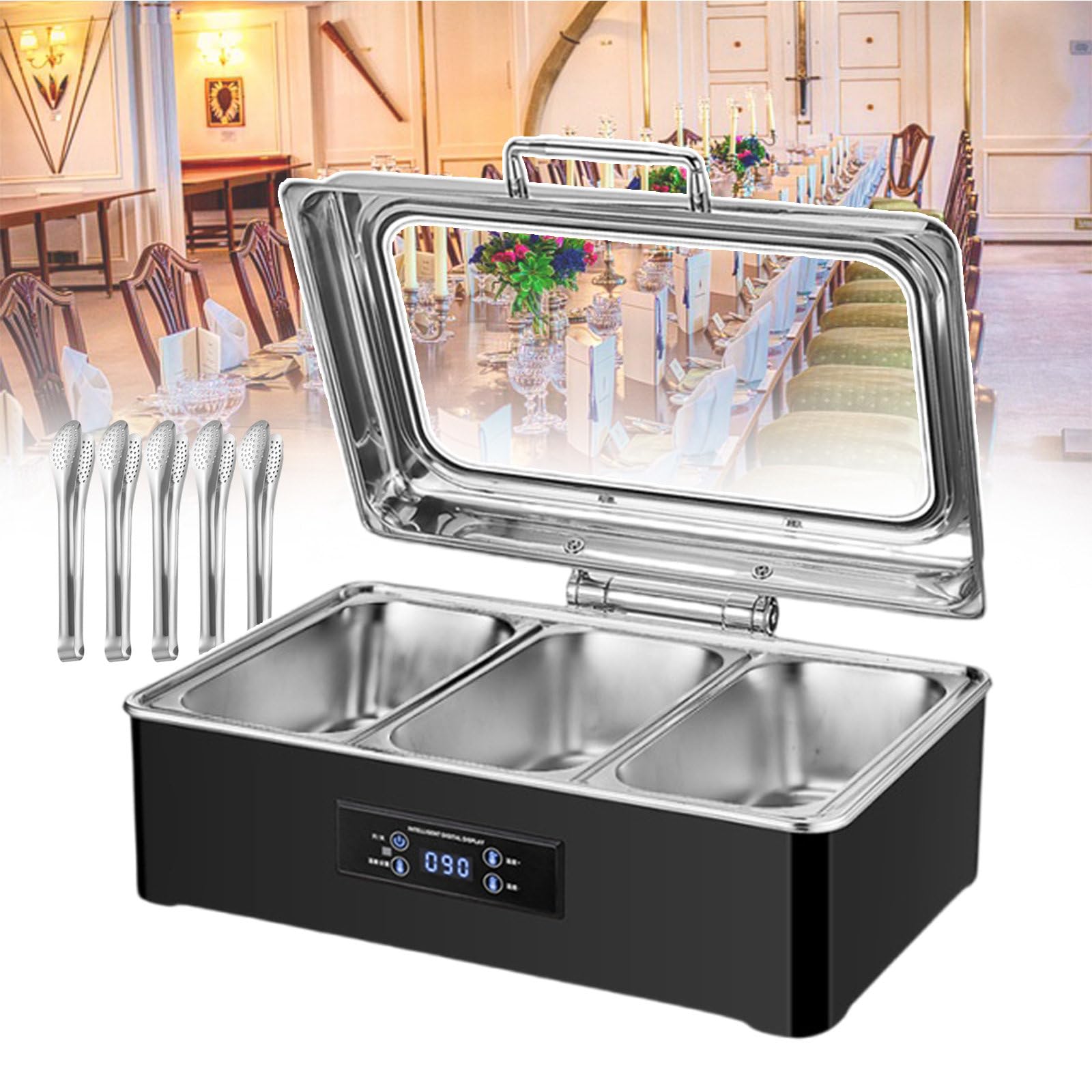 Scaldavivande Commerciale per Buffet, Tavolo Elettrico in Acciaio Inox per Alimenti A Vapore con Pannello Display Digitale per Mantenere Il Cibo Caldo (con 5 Clip per Alimenti),3-Grid