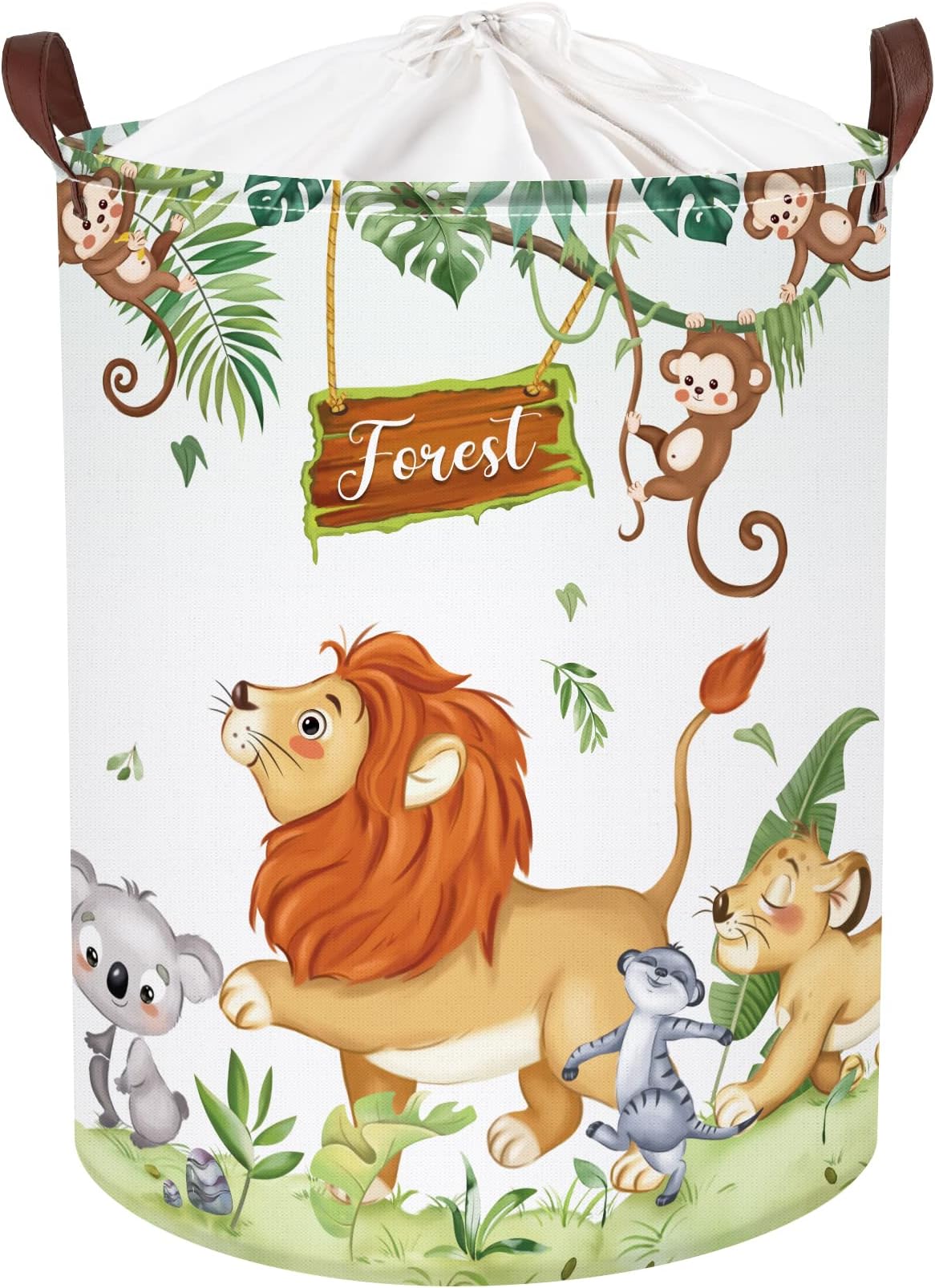 Clastyle 45L Lion Monkey Leopard Kids Laundry Basket Forest Koala Monkey Vine Toy Clothes Storage Basket, 14.2x17.7 in