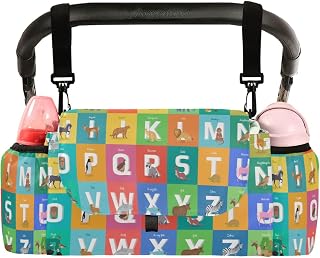 CUPADA Cartoon Animals Alphabet Plaid Universal Stroller Organizer, Cute Stroller Organizer Bag with Cup Holders Removable Shoulder Strap Fits Most Baby and Pet Strollers