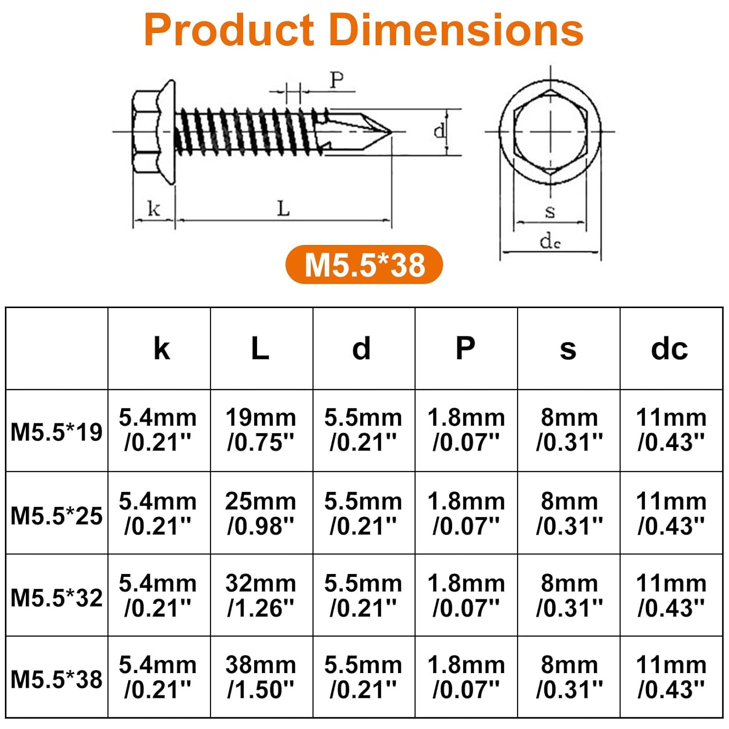 304 Stainless Steel Hex Head Self Drilling Screws, Self Tapping Sheet Metal Screws 12# M5.5X 1-1/2", 20PCS