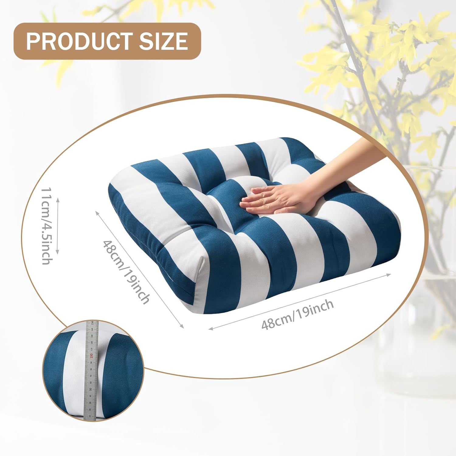 Marina Decoration Premium Thick Comfy Patio Pads Fiber Fill Tufted 19 x 19 x 4 Inch Textured Printed Cover Outdoor Indoor Chair Seat Cushions, 2 Count Pack Blue White Stripes