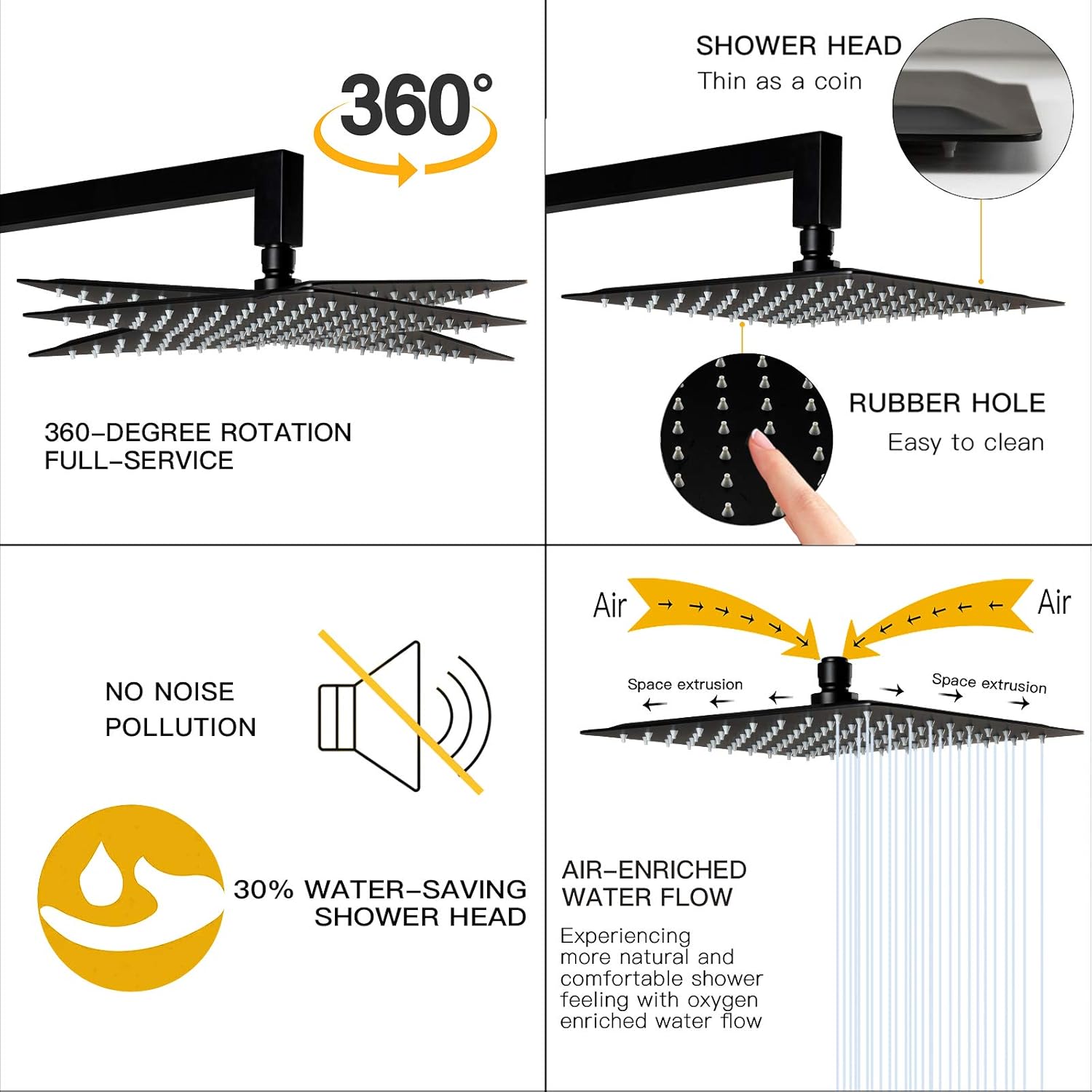 Shower head features including 360-degree rotation, easy-to-clean rubber holes, no noise pollution, 30% water-saving, and air-enriched water flow
