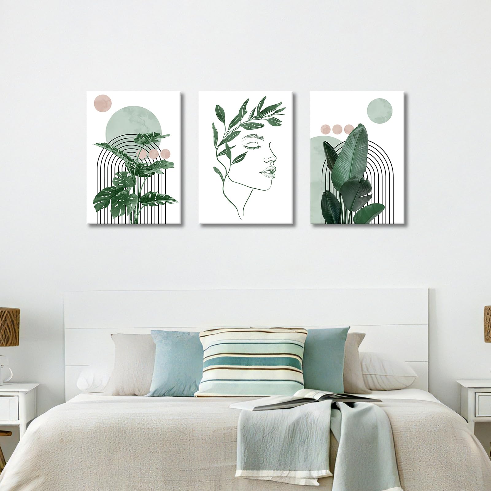 3 Pcs Wooden Framed Canvas Wall Art Set Bohemian Sage Green Canvas Prints Poster Geometric Line Beige Green Pictures for Living Room Bedroom Dinning Room Hallway Stairs Wall Decor 30x40cm x3pcs — view 66