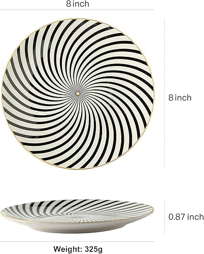 Miniatura 3 de YCBH Juego de 4 diseños surtidos platos de porcelana con patrones platos de postre de cerámica negra vajilla con borde dorado para sándwiches