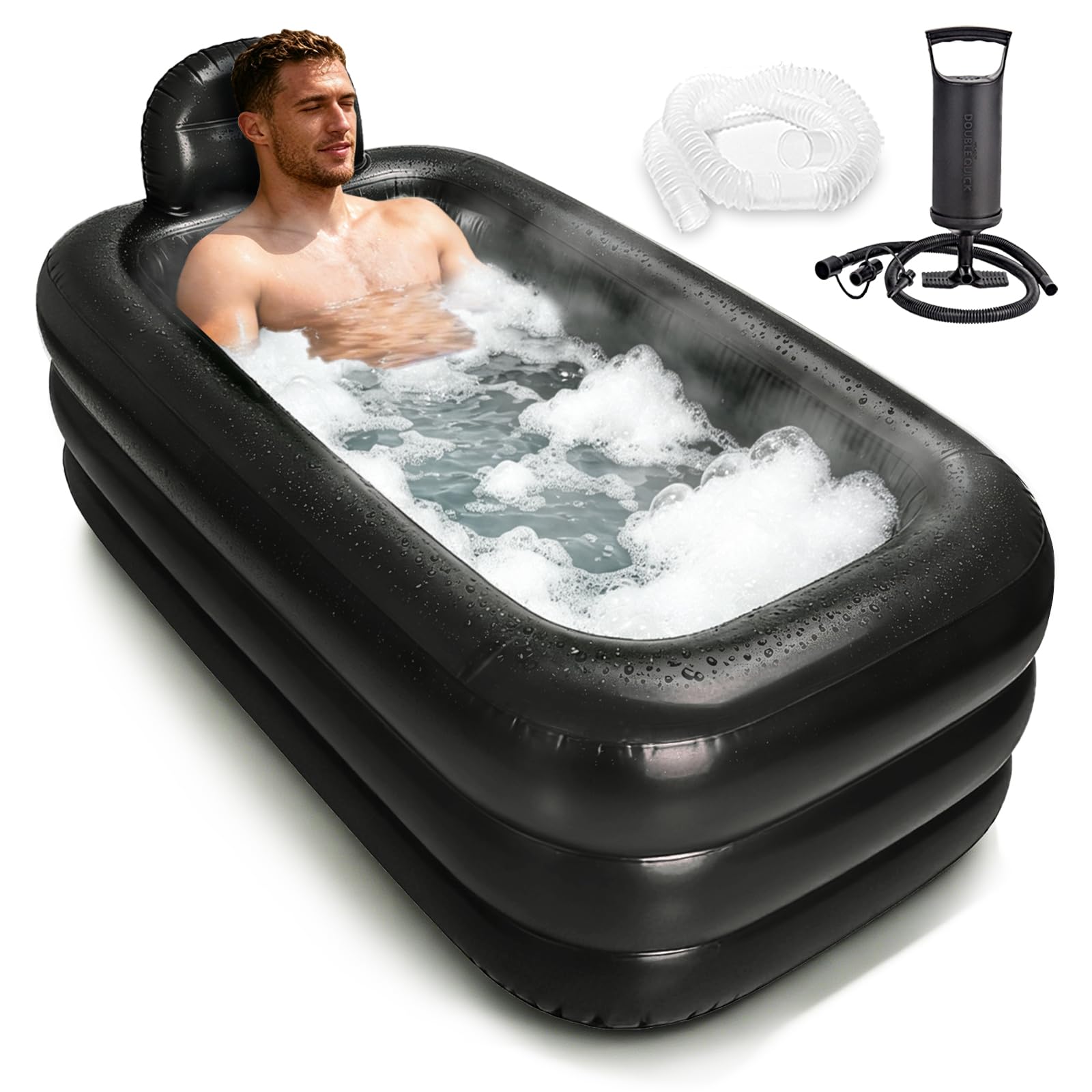 Nevife Vasca da bagno gonfiabile con protezione termica e fondo comfort, per adulti, pieghevole, spa, bagni di ghiaccio, campeggio, pompa a mano, XL (158 x 95 x 45 cm)