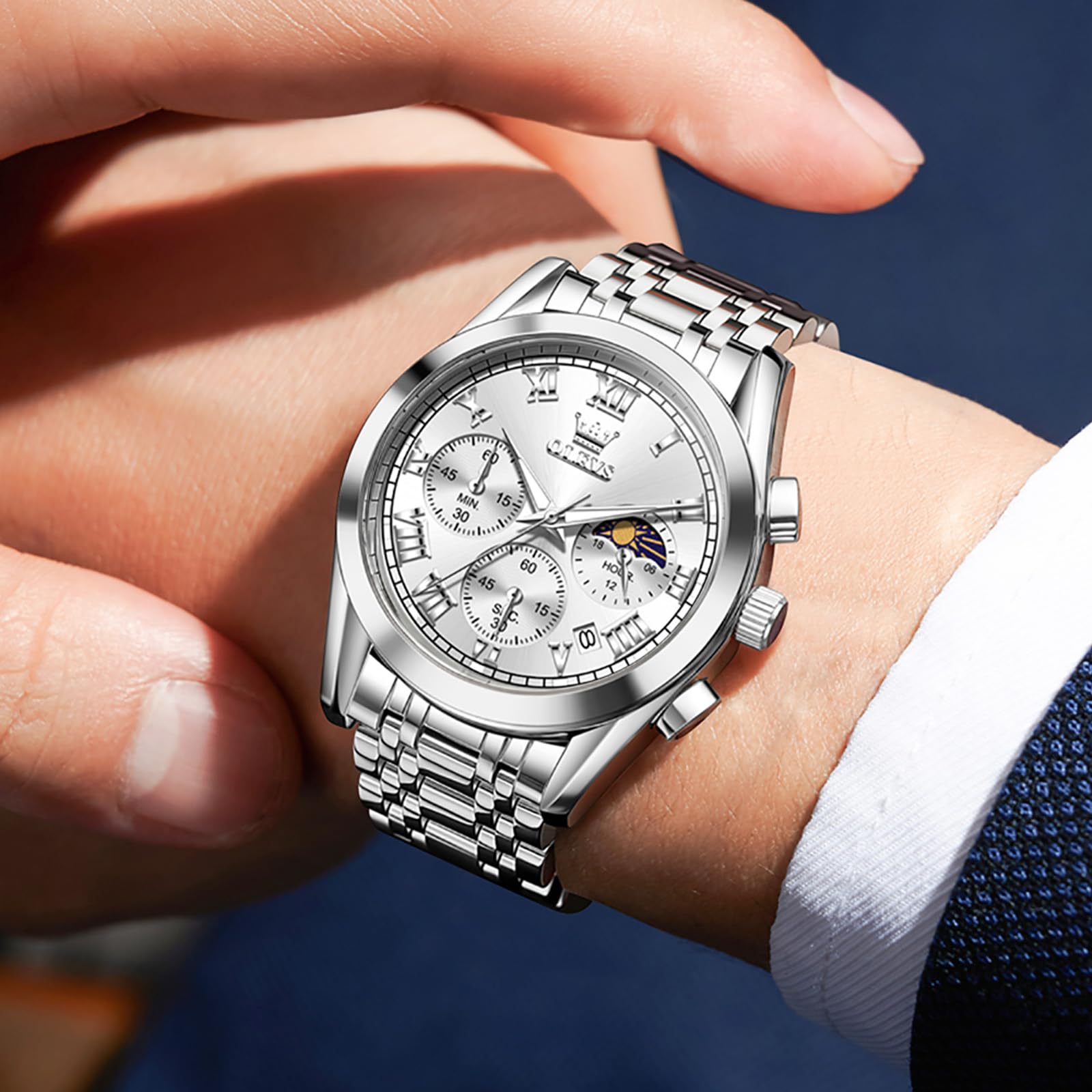 OLEVS Montre pour homme avec bracelet en acier inoxydable, phase lunaire et | Montre pour homme de 40 mm avec mouvement à quartz, aiguilles lumineuses, verre résistant aux rayures