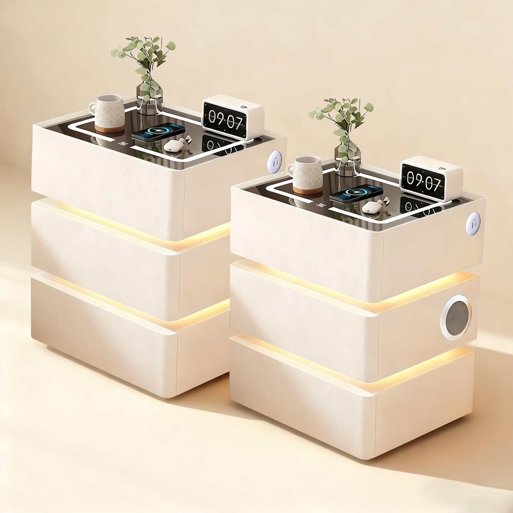 LED Nachttisch Weiß 2er Set, mit 3 Schubladens, Bluetooth-Lautsprecher, 3 Licht Dimmbar, Automatischer Sensor und Kabelloses Laden, Modern Intelligent Sofatisch