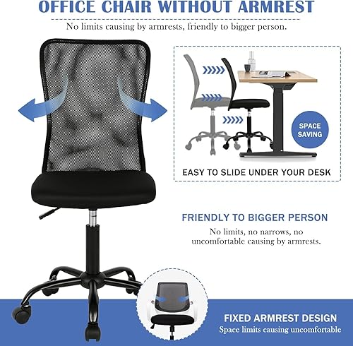 Miniatura 6 de Silla de oficina pequeña, silla de escritorio sin brazos con ruedas, silla ergonómica para computadora con soporte lumbar, silla giratoria de malla