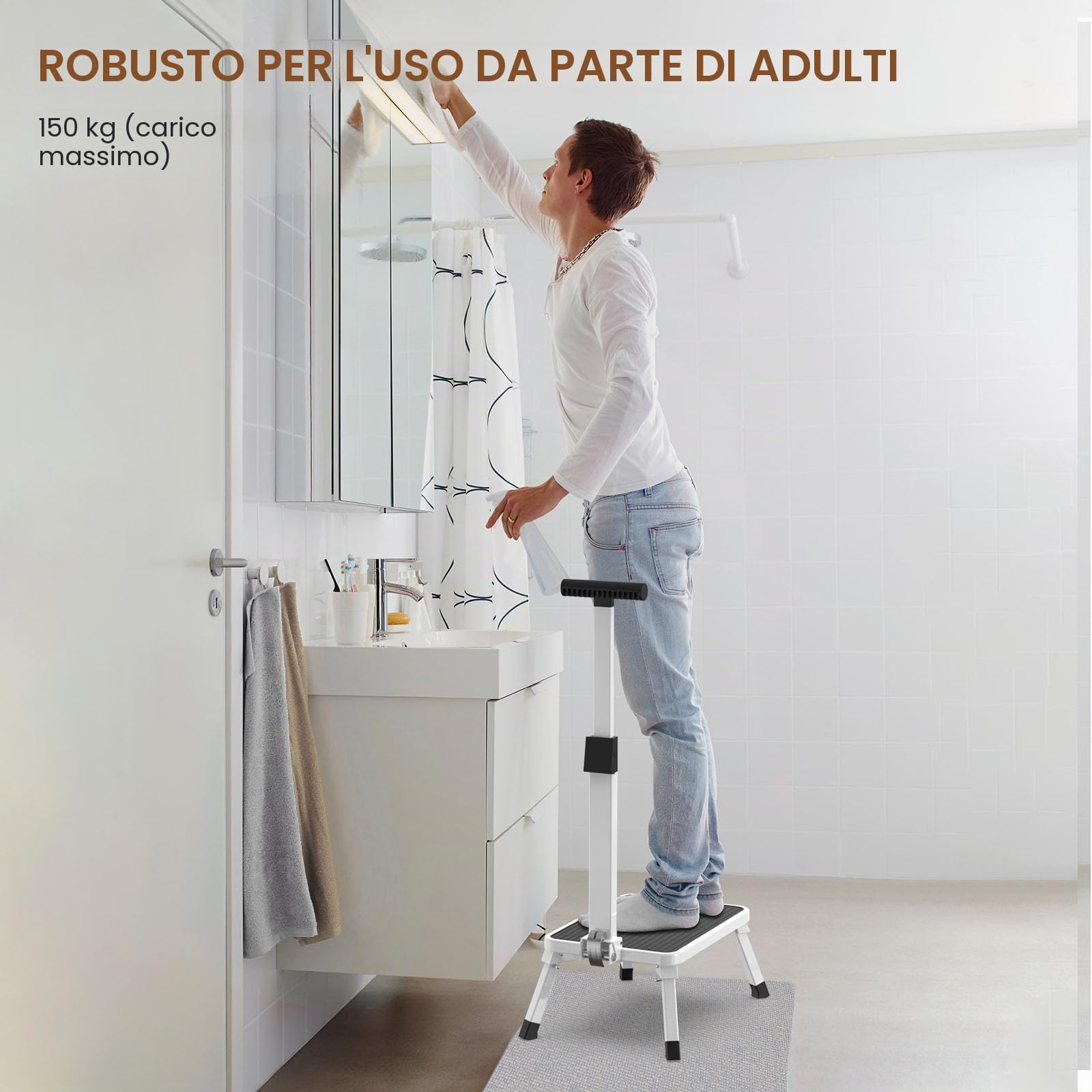 Scaletta Pieghevole con maniglia, Scaletta a Gradini, Scala con Superficie in Gomma Antiscivolo, Sgabello di acciaio, Portante 150 kg, per adulti, anziani e bambini in cucina, bagno e casa