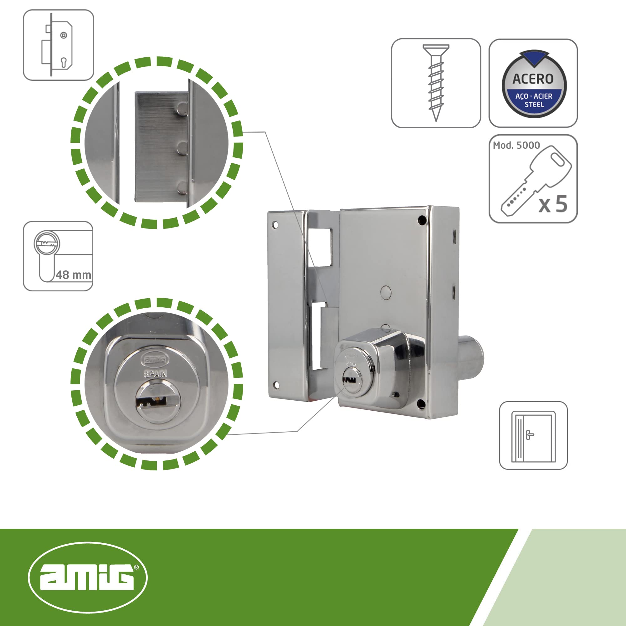 Amig - Cerradura de Sobreponer de Izquierda con Palanca de Cierre y Lengüeta para Puertas de Madera Mod. 75P, 67 x 112 mm, Cilindro Redondo de Seguridad, Acero Plateado