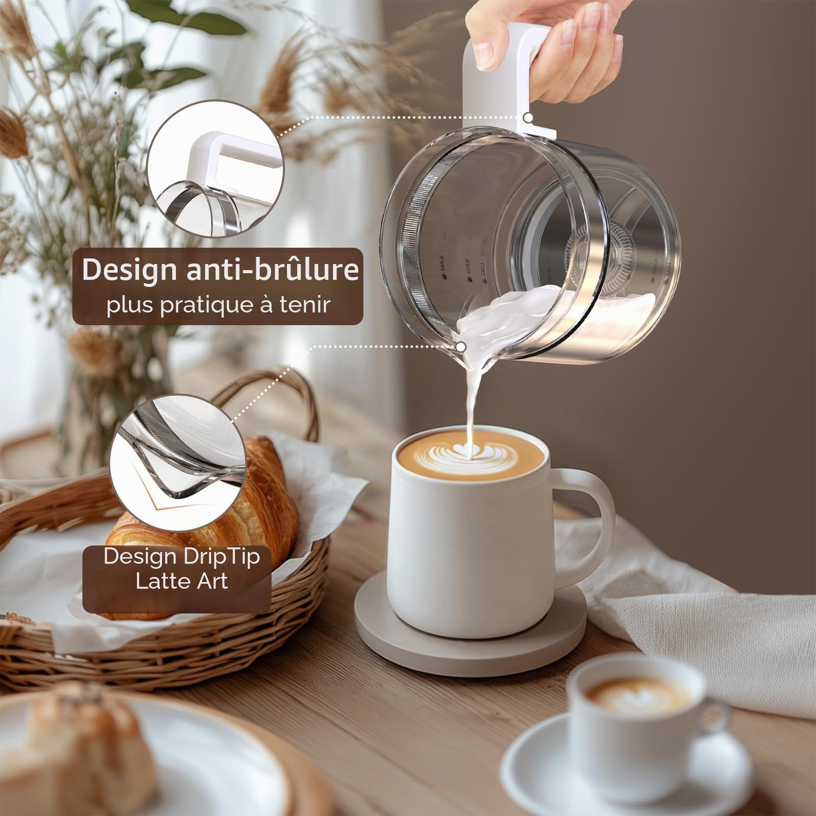 Morpilot Mousseur à Lait Électrique en Verre 6 en 1, Grande Capacité 500ml 600W Milk Frother à Mousse de Lait Chaude et Froide, Chauffe-Lait Emulsionneur de Lait Divisé pour Cappuccino Macchiato Latte