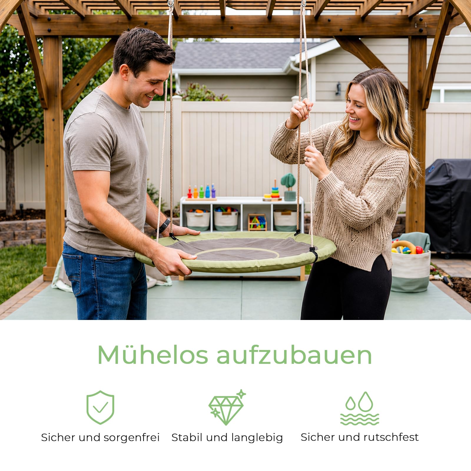 Nestschaukel 120 cm Rundschaukel Outdoor Indoor Belastbarkeit 300 kg Korbschaukel Gartenschaukel Höhenverstellbar Graugrün