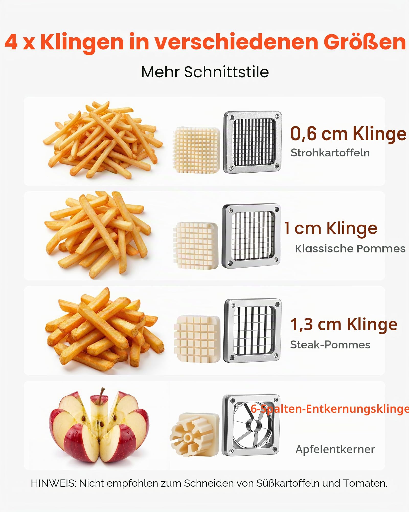 VEVOR Kartoffelschneider, Pommes Frites Schneider, Frittenschneider, Gemüseschneider mit Ersatzklingen (1/2, 3/8, 1/4 Zoll) & Apfelschneider, Edelstahl 420J2, für Restaurants, Cafeterias