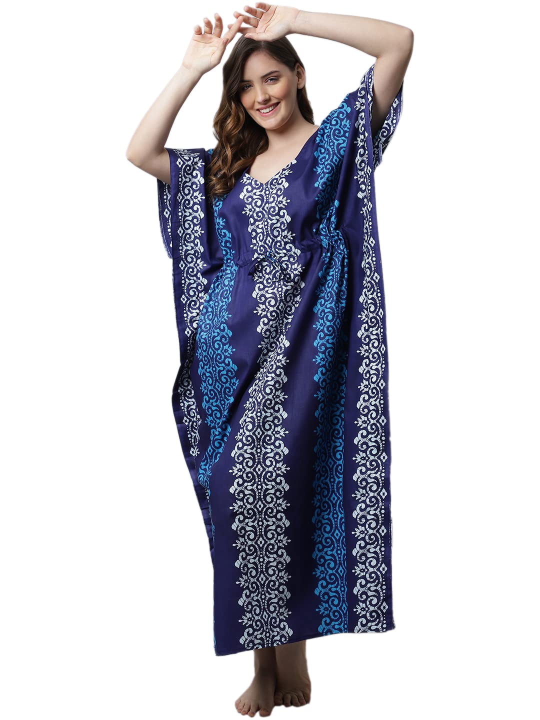Blue Printed Cotton Kaftan Nighty-image-0